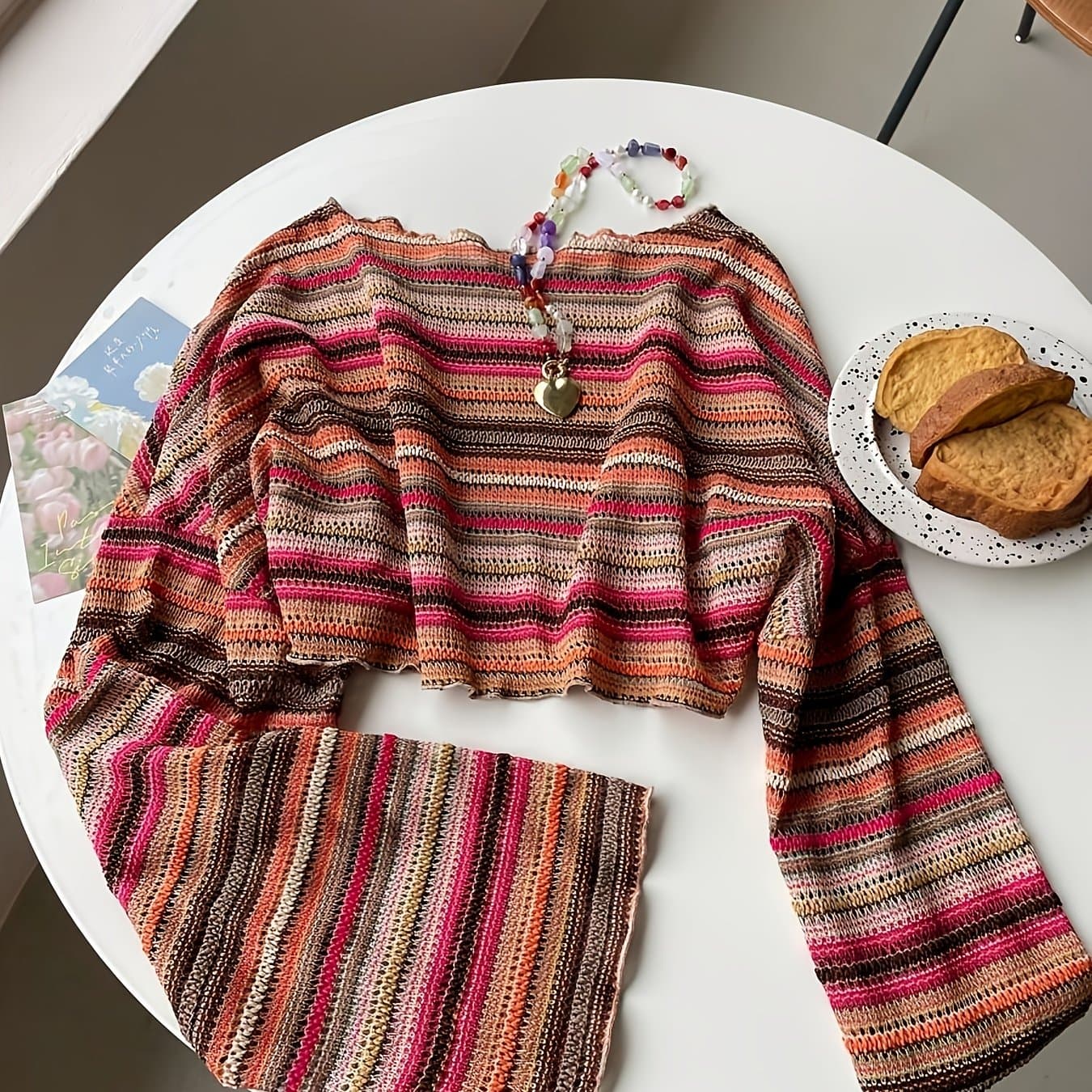 TEMU Spring/summer Colorful Striped Crop Top For Women, Short Cropped Belly- Shirt For Daily Commuting And Casual Wear, Hot Elegant Long-sleeve Top For All