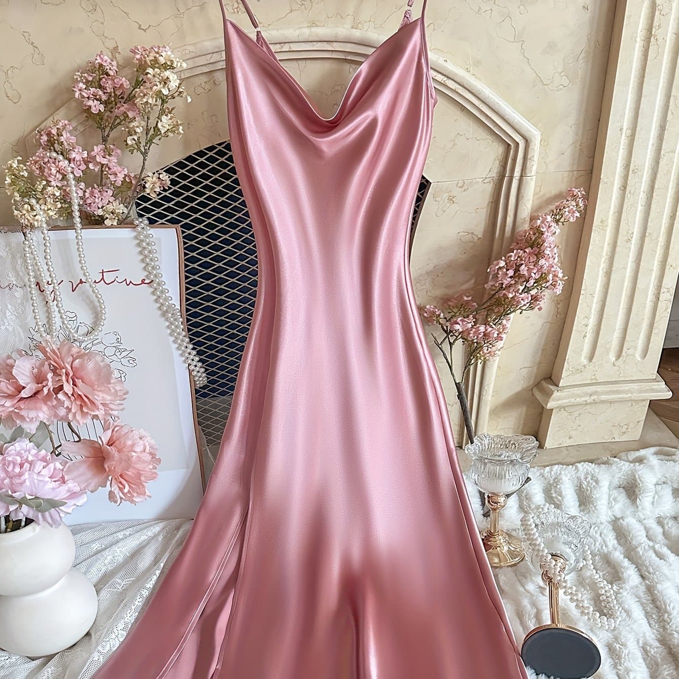 TEMU Fashion Turtleneck Suspender Backless Long Slit Fashionable Elegant Suspender Nightdress Women