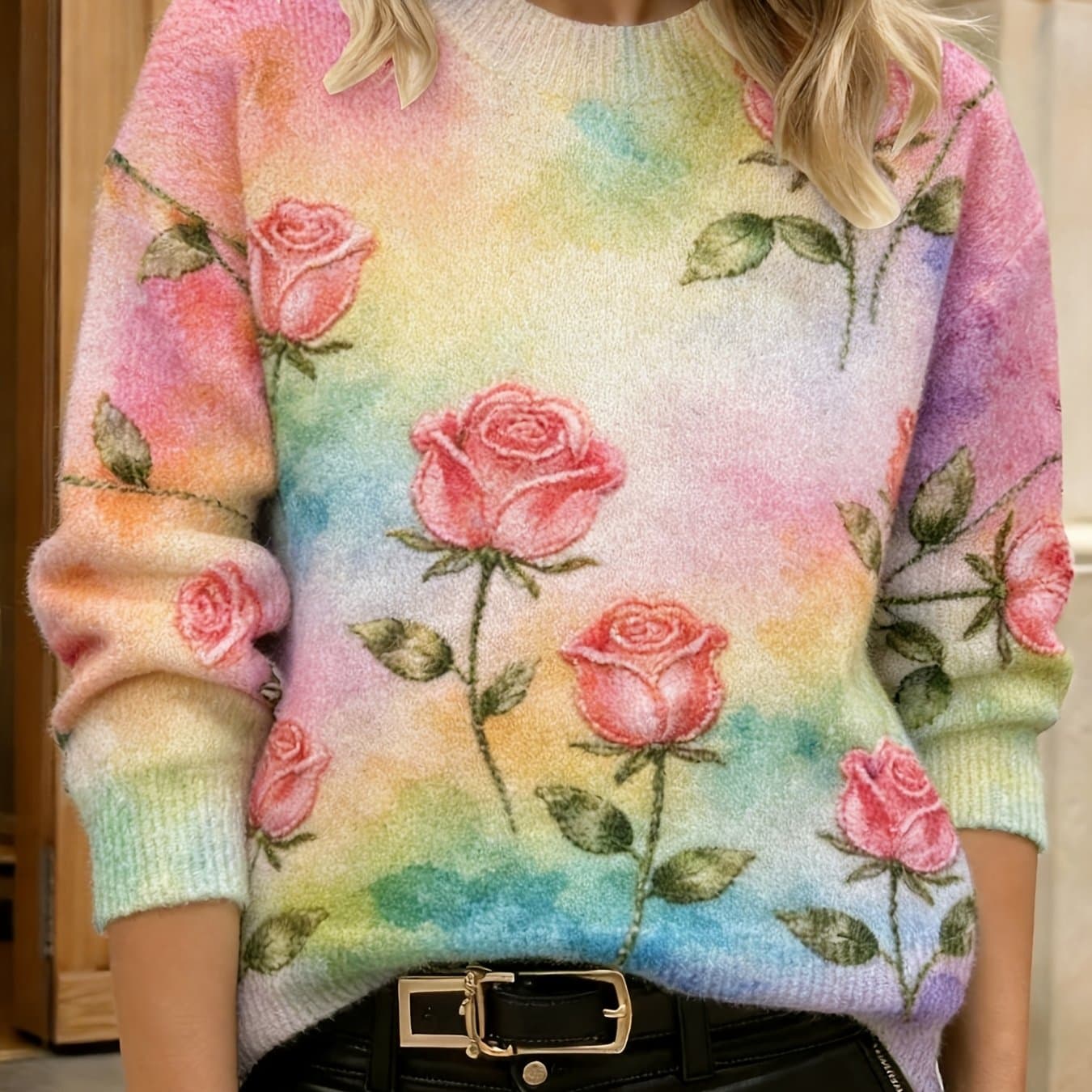 TEMU Plus Size, Printing Design - Non Textured Spring And Autumn Hoodie Watercolor Rose Printed Pattern Large Size Trend Versatile Soft Hoodie Round Neck Style Comfortable And Gentle