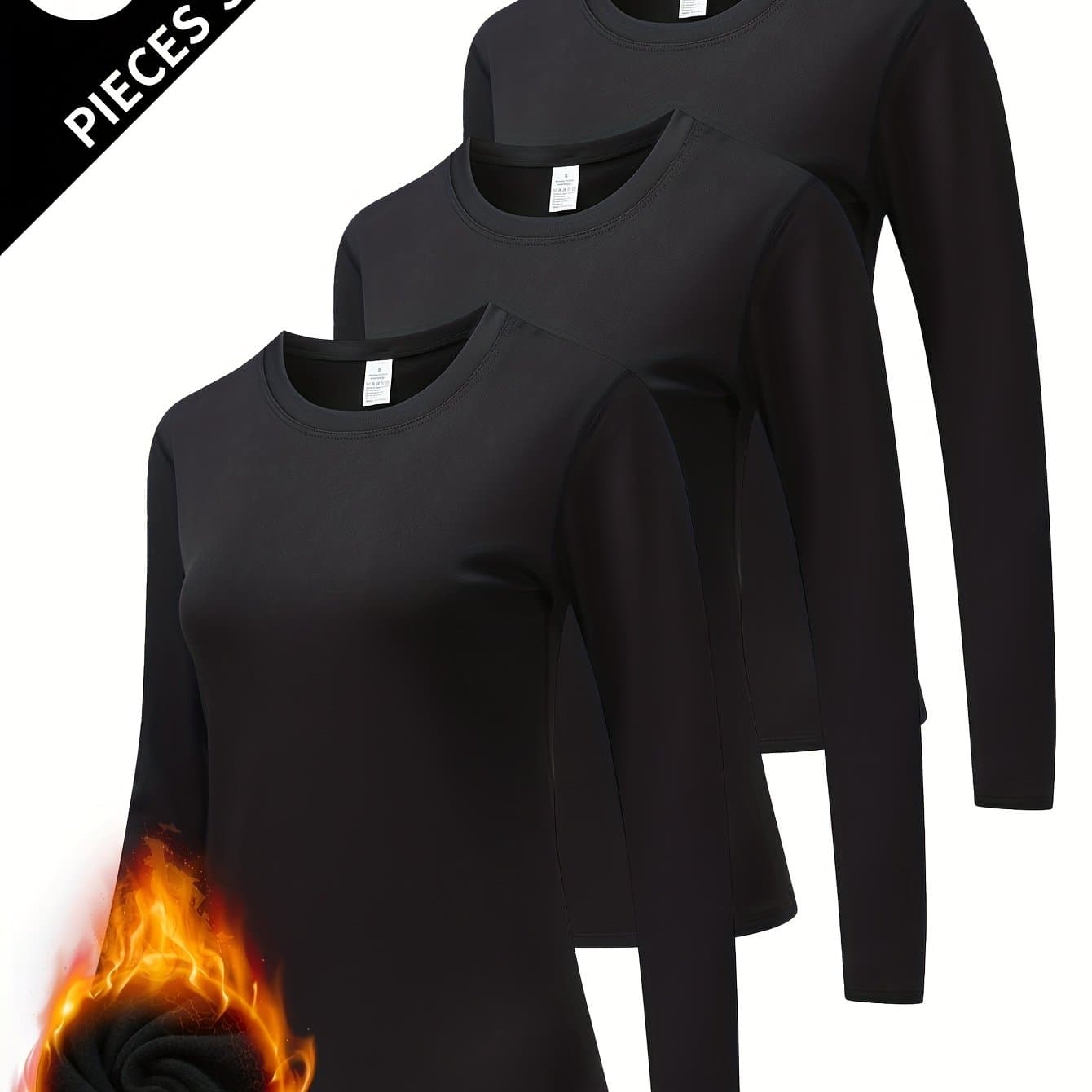 TEMU 3pcs Warm Underwear Top, Round Neck Long Sleeve Top With Thick Velvet Suitable For Autumn And Winter