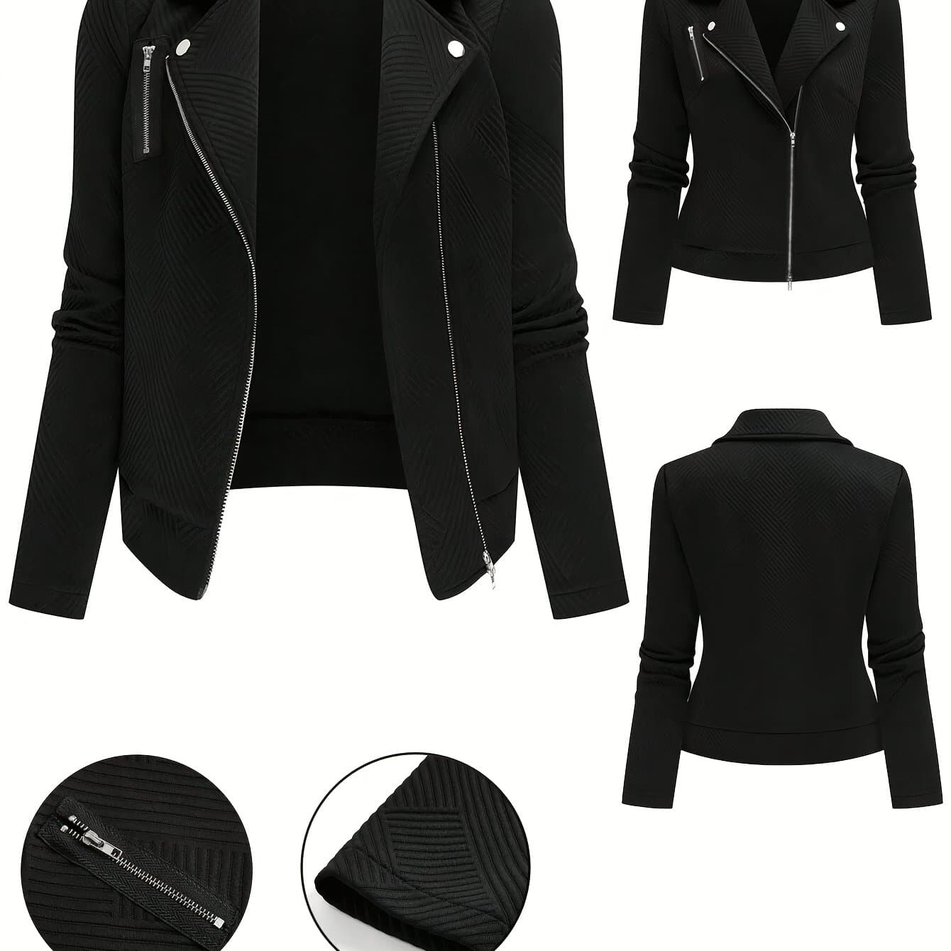 TEMU Women's Textured Fabric Zip-up Casual Motorcycle Jacket With Lapel