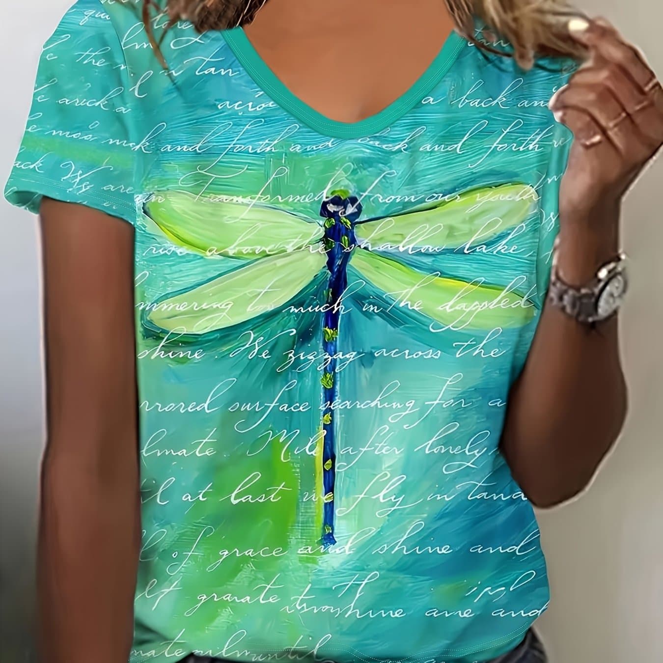 TEMU Women's Casual Short Sleeve V-neck T-shirt- Vibrant Turquoise& Green Artistic Dragonfly Print, Lightweight Breathable Fabric, Machine Washable, , Non-transparent Soft For Everyday Casual Wear