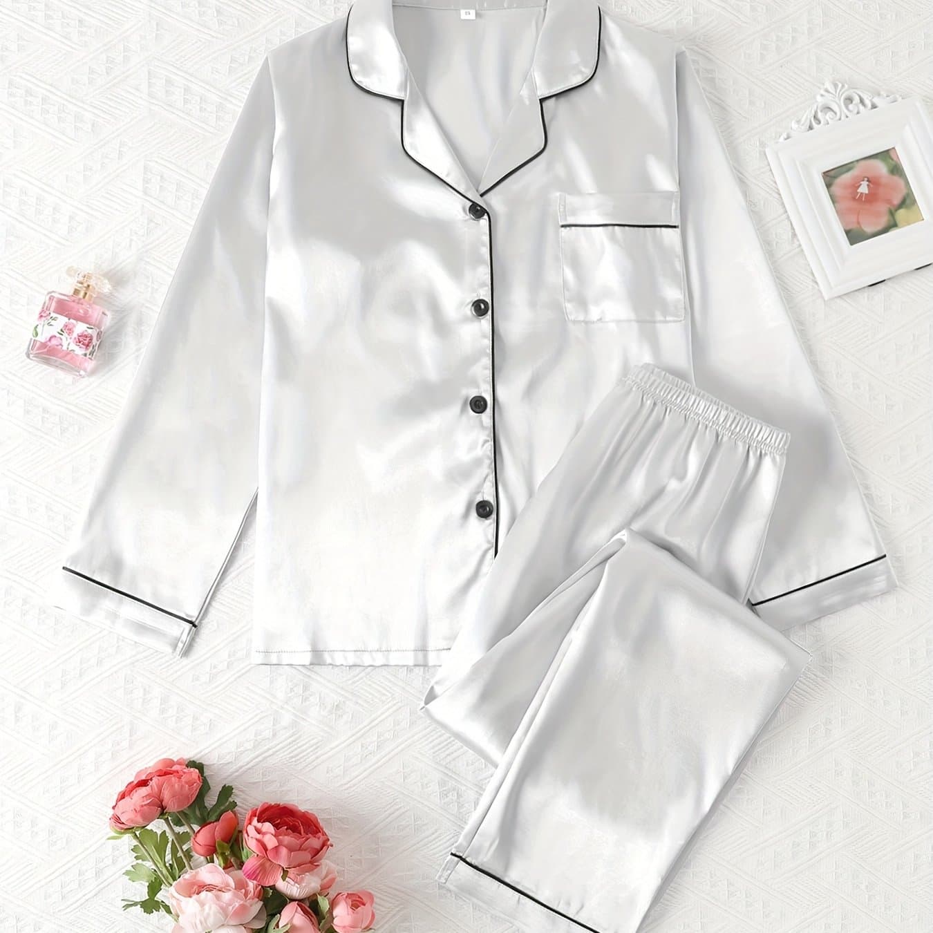 TEMU Women' Satin Casual Pajama 2pcs Set, Comfortable Collared Button-up Long Sleeve Top And Elastic Waist Long Pants