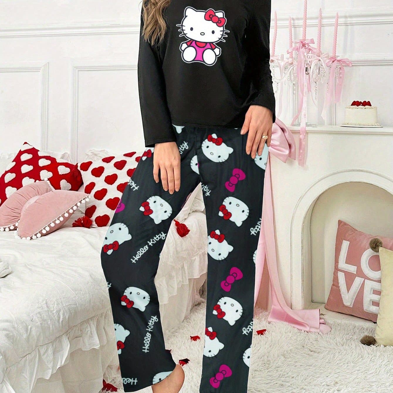 TEMU Authorized 2pcs Set For Hello Kitty Women's Pajamas Set, Cartoon Pattern Cute Women's Pajamas, Women's Pajamas Casual Sweet Cartoon Set Suitable For Spring, Summer And Autumn