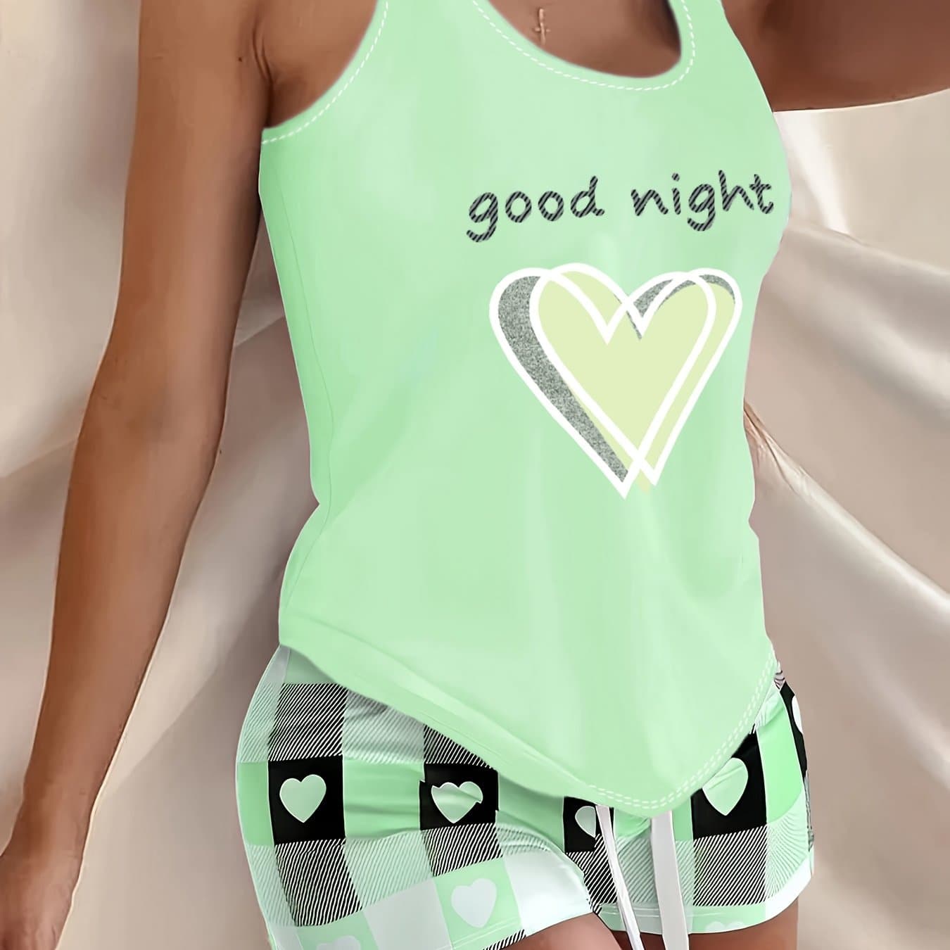 TEMU 2pcs Women's Summer Slim- Wear Pajamas Set, Heart Letter Print Vest, Elastic Waist Drawstring Shorts, Suitable For Home And Daily Casual