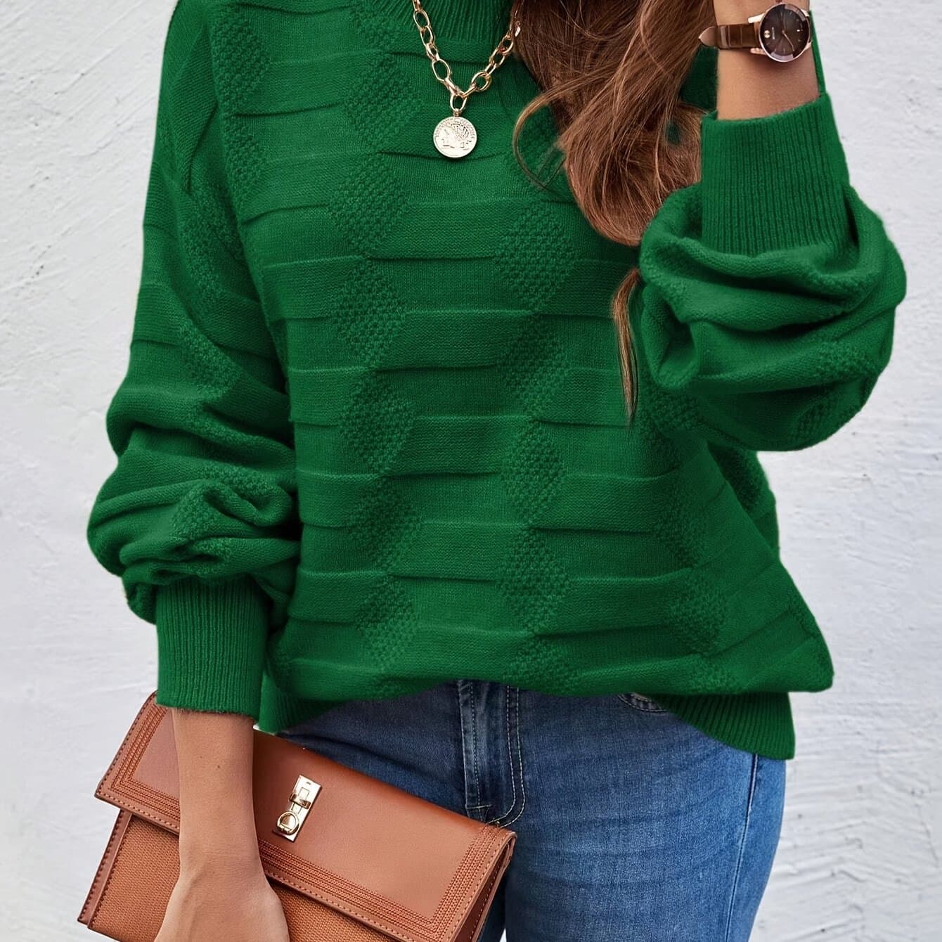 TEMU Women's High Casual Round Neck Long Sleeve Pullover Sweater - Solid Color Machine Washable Fall Top