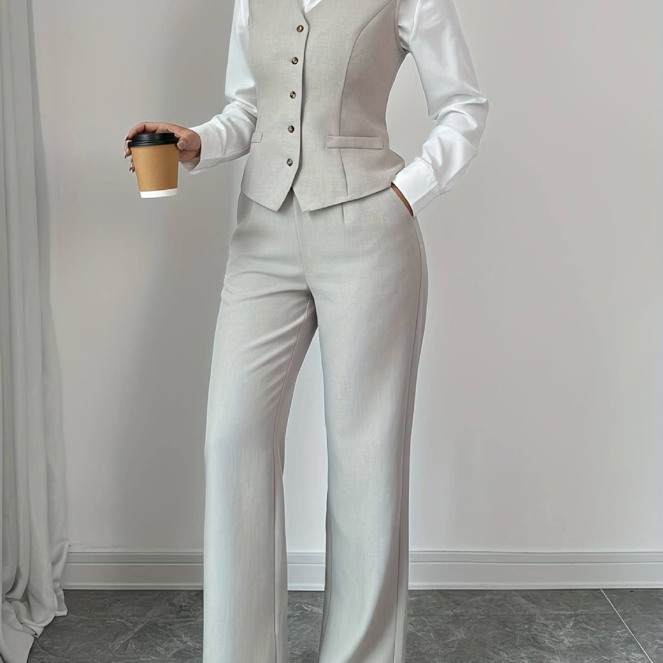 TEMU New Summer Women's Casual Elegant Chic Solid Color Sleeveless Single-breasted Waist-cinching Vest + High-waist Wide-leg Pants 2pcs Set