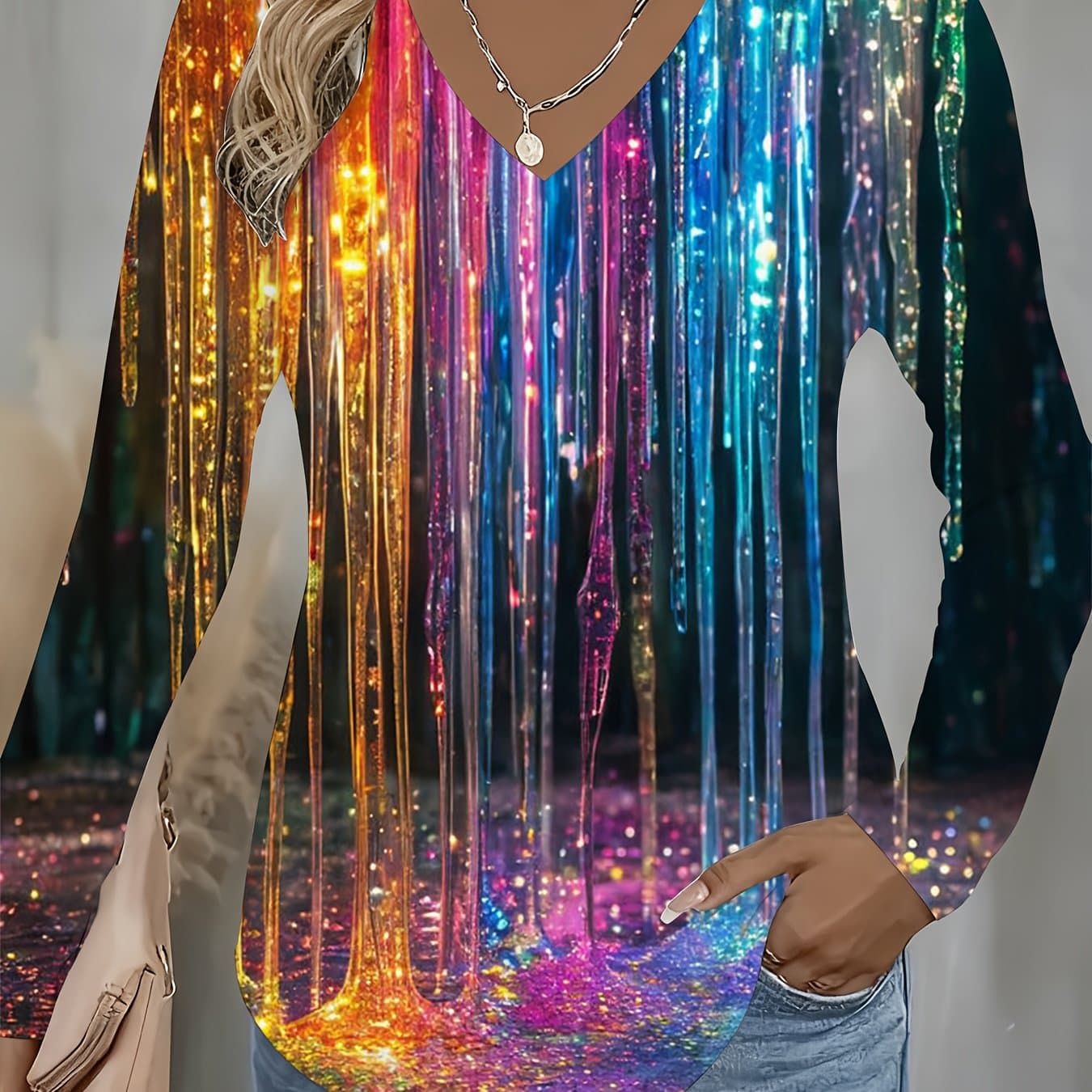 TEMU Plus Size Women' Icicle Flow V-neck Long-sleeved T-shirt, Shiny Long Sleeve Tee With Design, Suit For Themed Events, Casual Wear, Birthdays, Suitable As A Gift For , Family, Colleagues