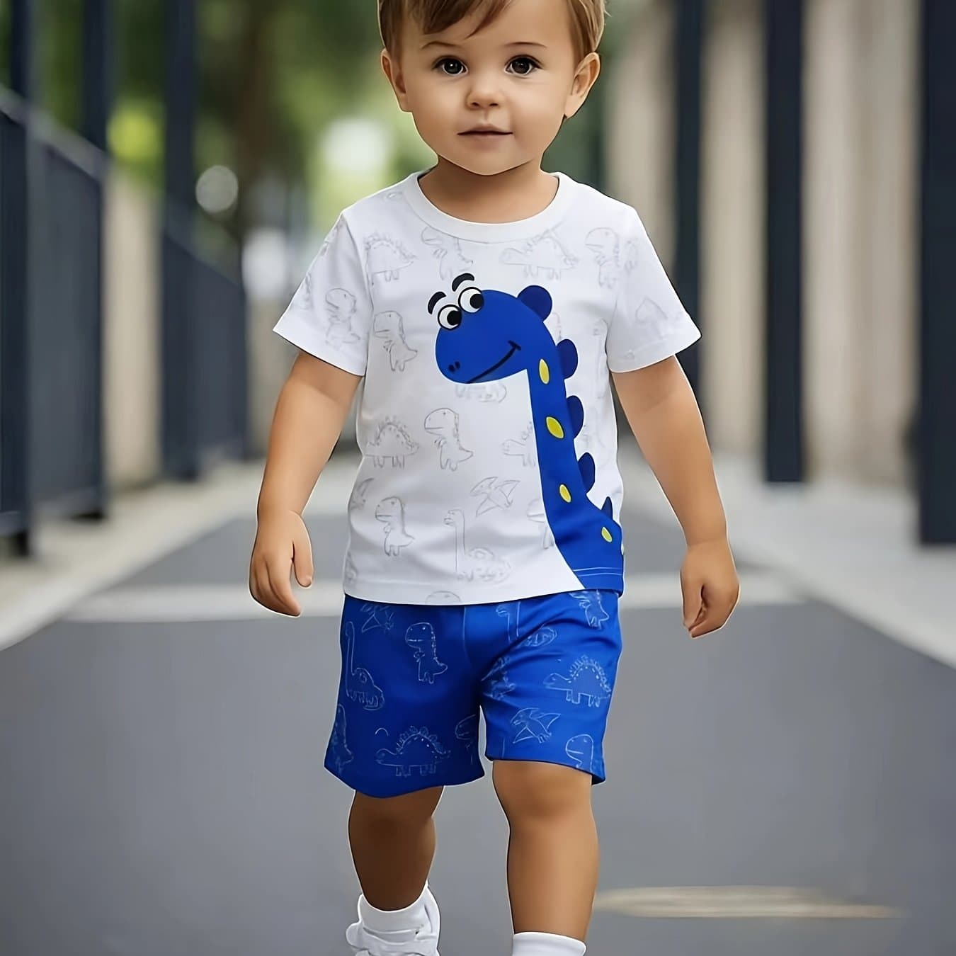 TEMU Boys Dinosaur White Tee Blue Shorts Fresh And , Perfect For Outdoor