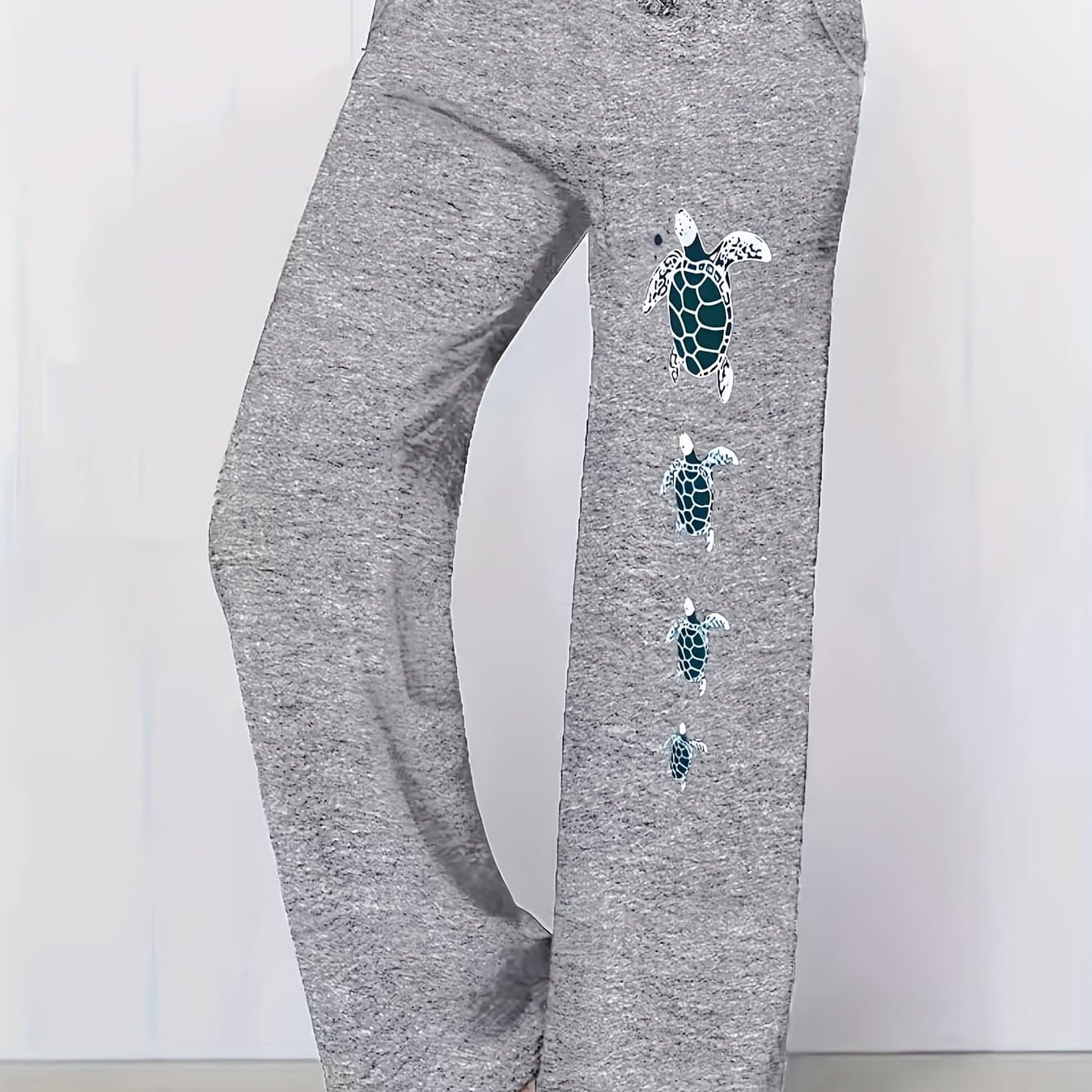 TEMU Women's Casual Turtle Pants, 100% Polyester Knit Fabric, Straight Leg With Drawstring, Waist Animal Pattern Clothing