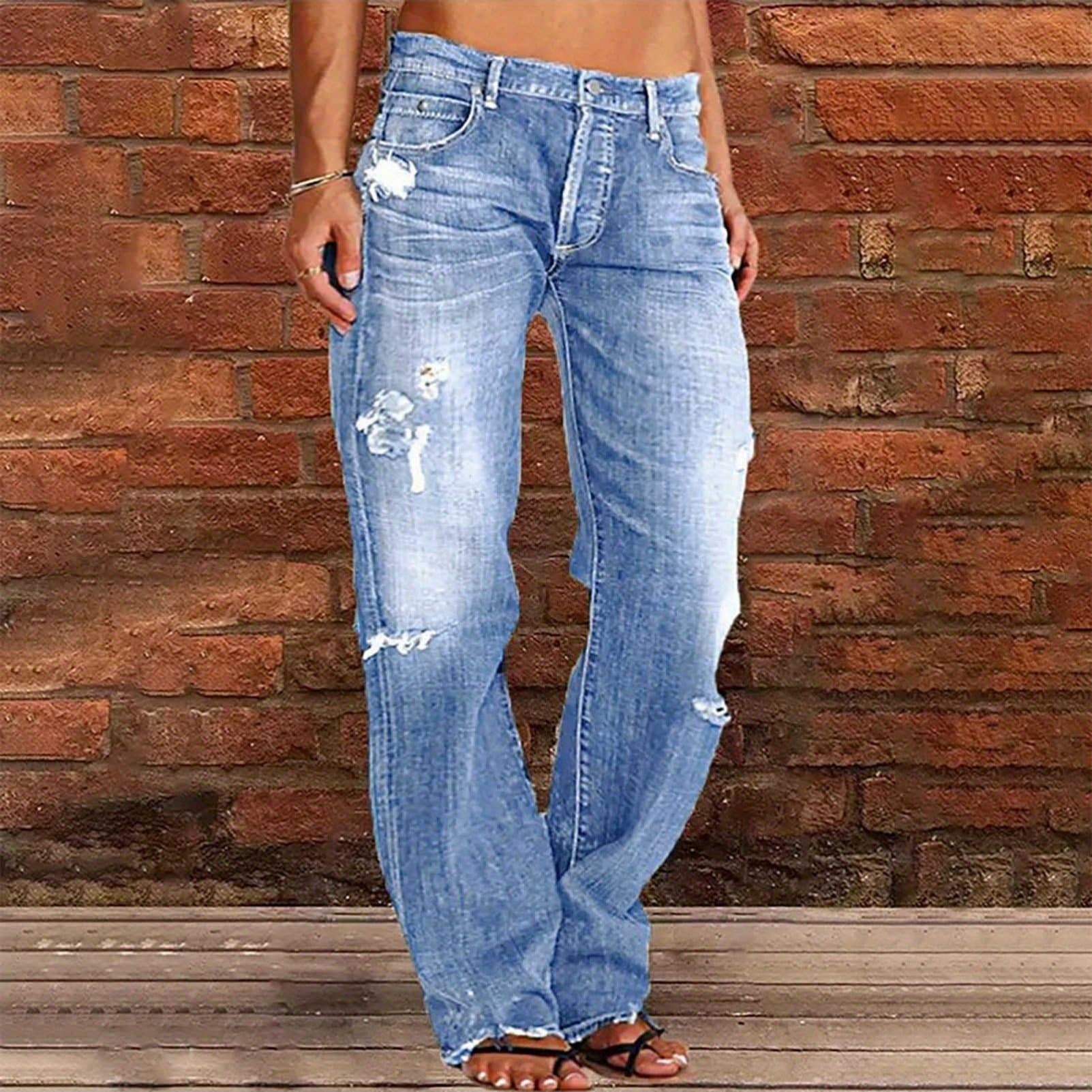 TEMU Women's Denim Long Pants Trendy Vintage Mid-waist Ripped Casual Straight Pants Long Pants