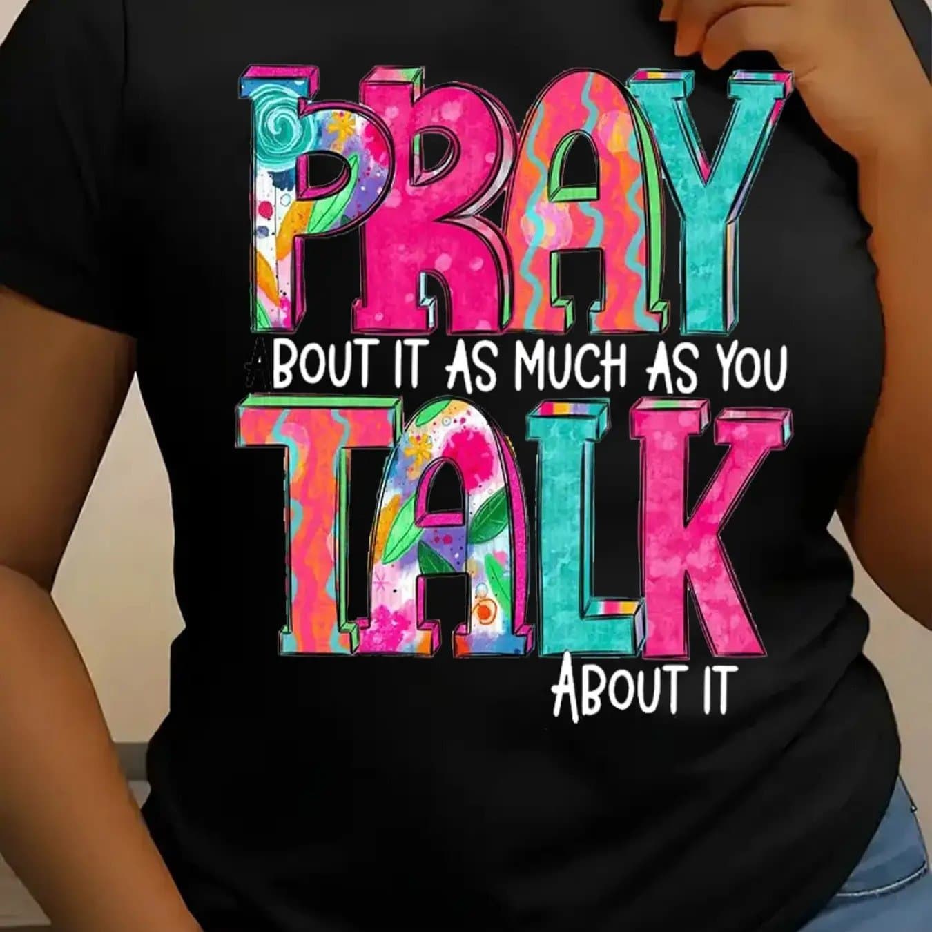 TEMU Pray More, Speak Less Graphic T-shirt- Casual Crew Neck Short Sleeve Top, Ultra Soft Breathable Summer Style- Perfect Christian Religious Gift For Women, Moms,
