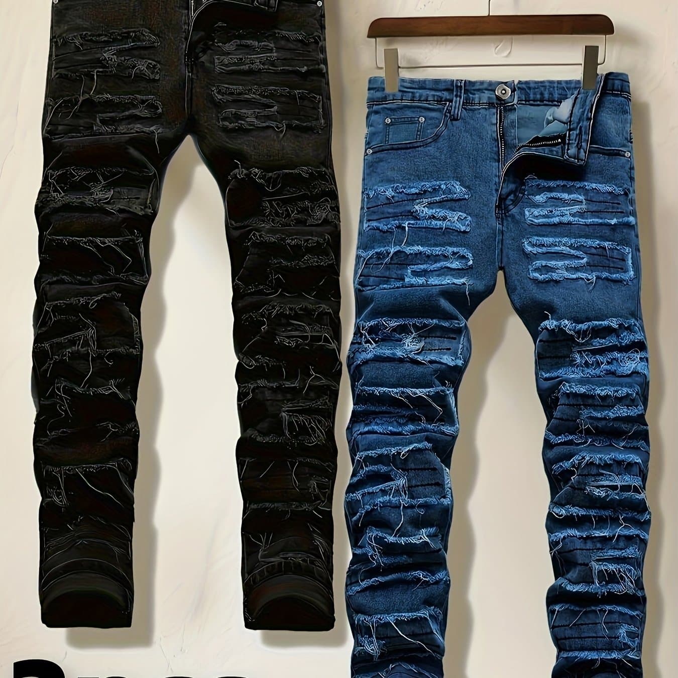 TEMU 2-pc Men's Slim Fit Straight Leg Jeans - Y2k Retro Distressed Frayed Hem & Classic Styles, Trendy Versatile Streetwear Denim Pants For Casual Outfits