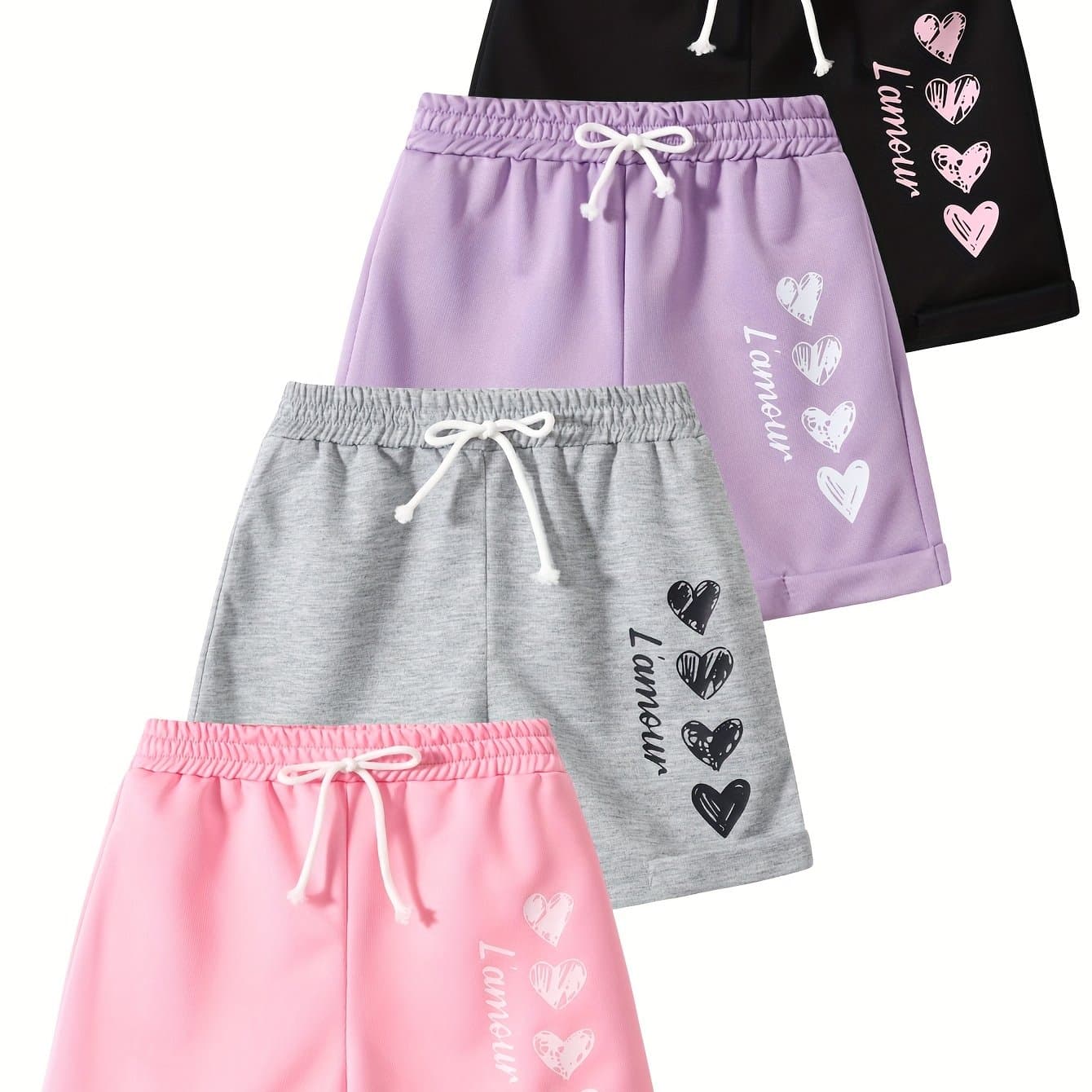 TEMU 4pcs Girls' Summer Shorts With Heart Print & Bow Front - Non- Bow Tie Waistband, Machine Washable Casual Shorts Suitable For, , Casual Attire - Spring/summer Outfits For To, Perfect For Outdoor
