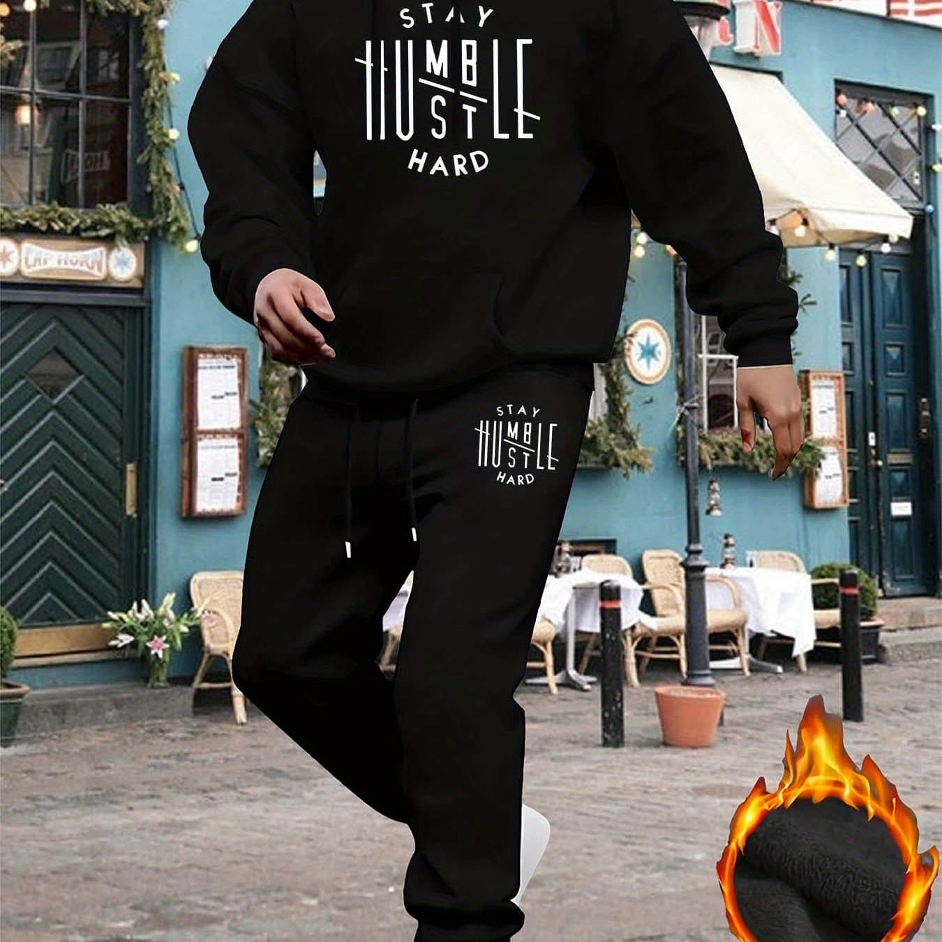 TEMU Artistic Lettering Trendy Print 's Long Sleeve Hooded Sweatshirt Two-piece Set, Casual Fashion Sweatshirt Set