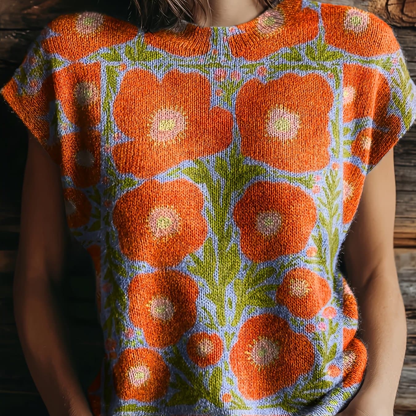 TEMU 2026 Spring Summer New Arrival Vintage Poppy Flower Positioned Print Short-sleeve Relaxed Fit Soft Pullover Top For Women