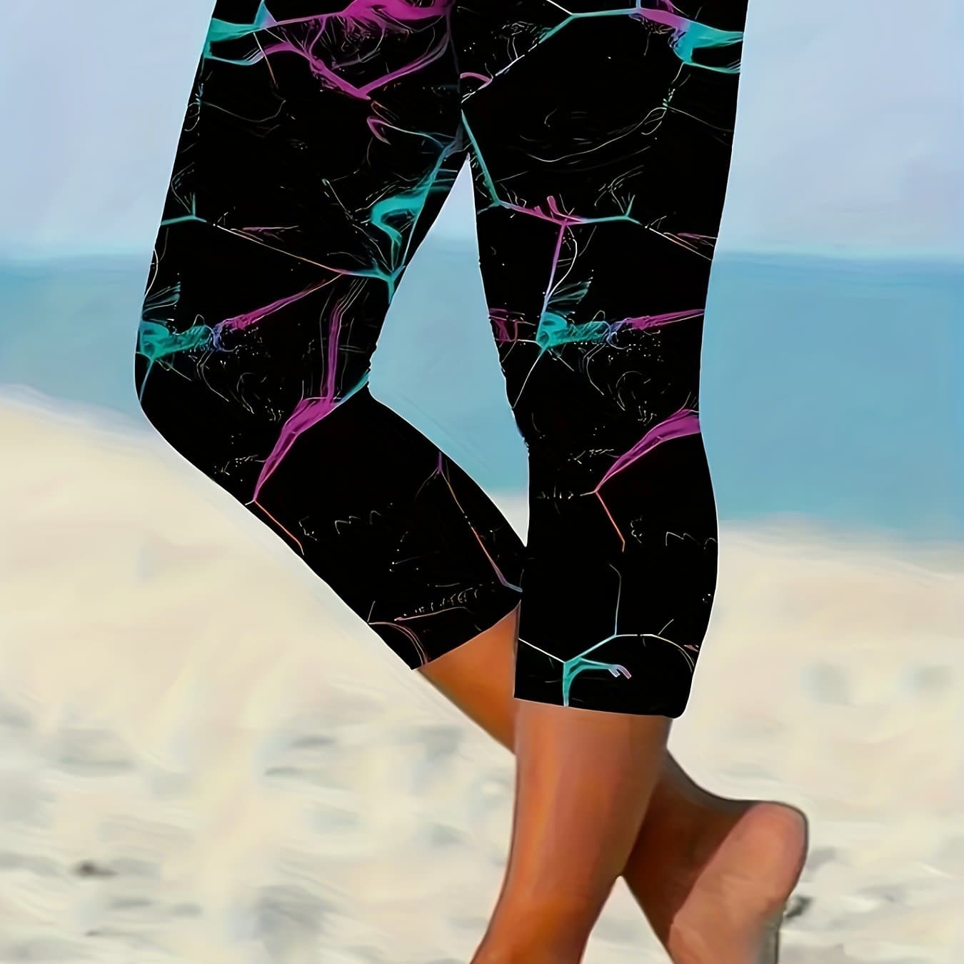 TEMU Women's Geometric Pattern Stretch Capri Pants - Casual Breathable And Spring/summer/fall Style