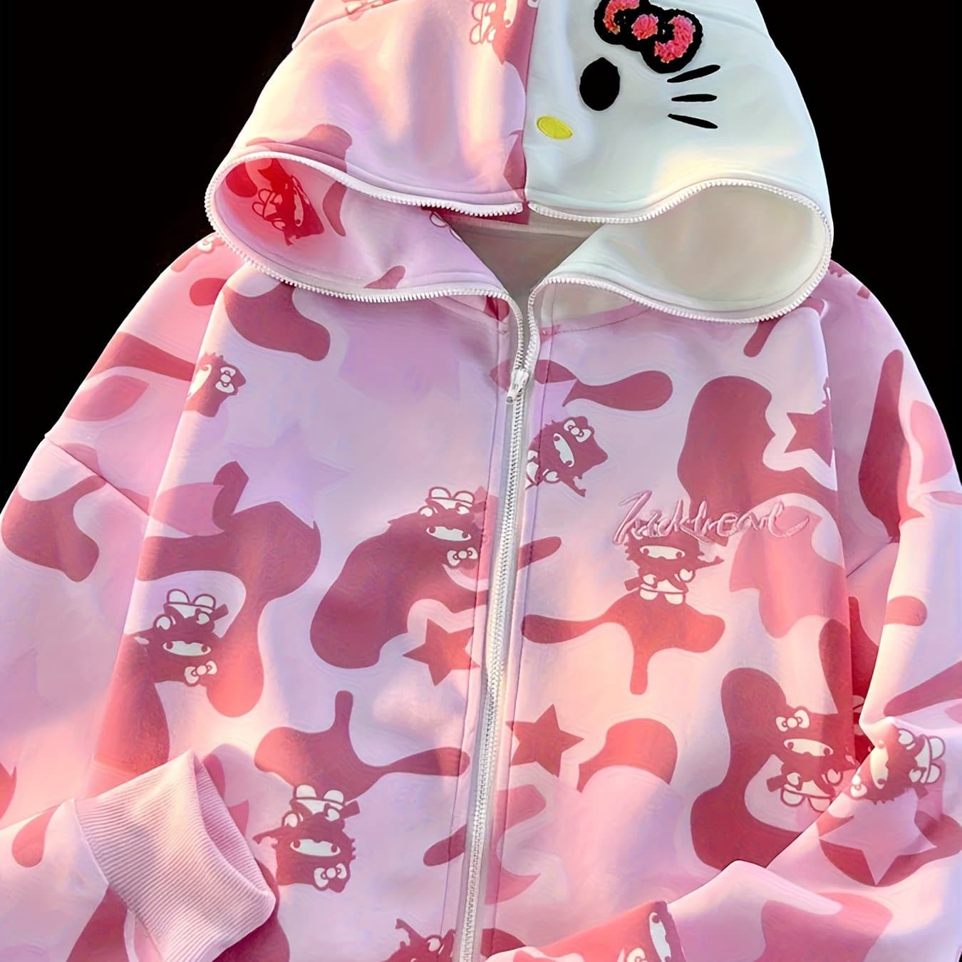 TEMU Women's Full Zip Hoodie - And Camouflage, Hello Kitty Pattern, Front Zipper Design, Loose Fit Jacket For Autumn And Winter, Machine Washable Series, Autumn Fashion Style, Casual Wear