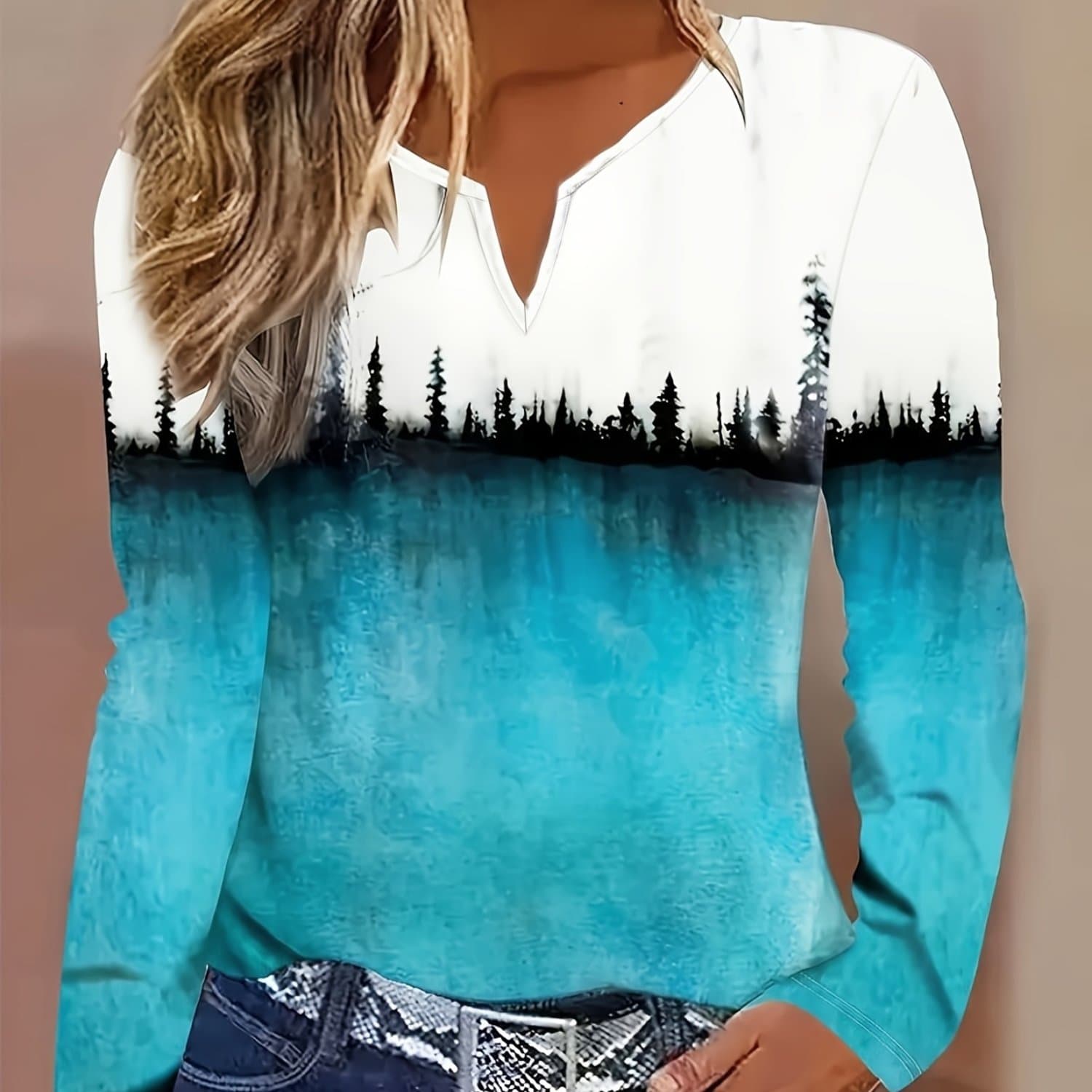 TEMU Autumn Women's Casual Forest Silhouette Printed V-neck Long Sleeve T-shirt