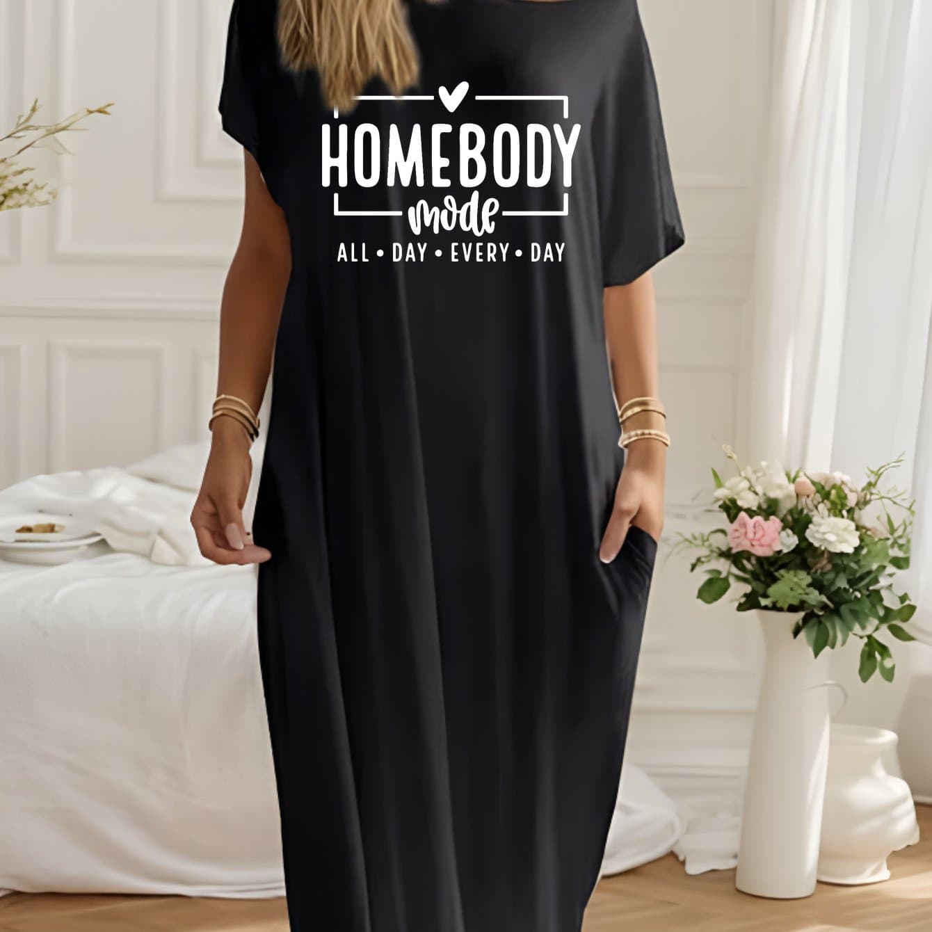 TEMU Relaxed Off-shoulder Maxi Dress Featuring A -themed Graphic Print, Suitable For Lounging, , Or Gifting, Making It A For New Year, Christmas, Valentine's Day, And More