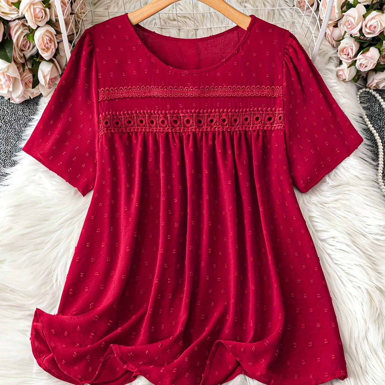 TEMU Women's Lace Hollow Elegant Fashion Casual Short Sleeve Shirt Top