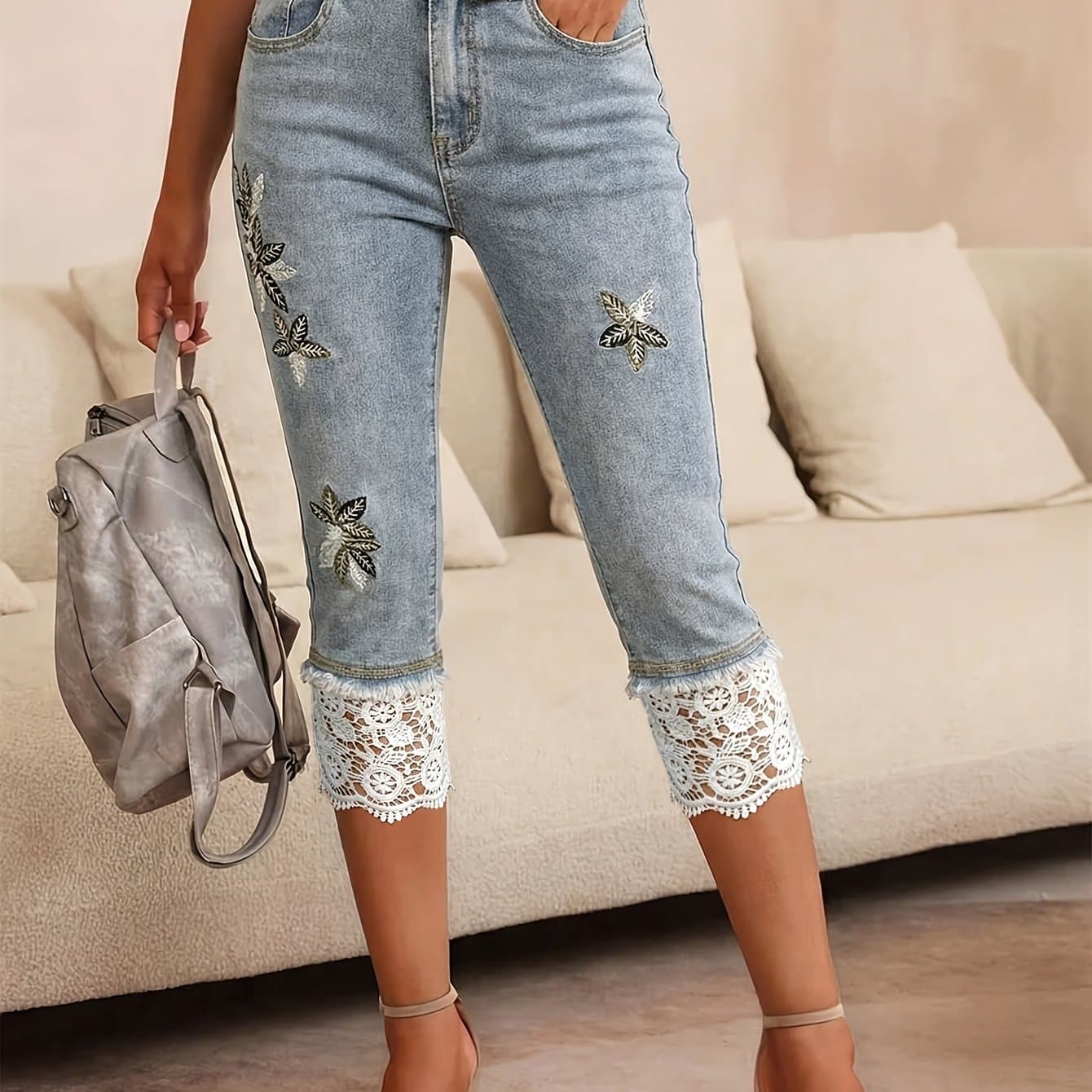 TEMU Women's High-waisted Embroidered Lace-trimmed Denim Capri Pants, Light Blue, Retro Sweet And , Slim Fit, Versatile For Casual Attire, Commuting, And Dates, Suitable For Spring And Summer.