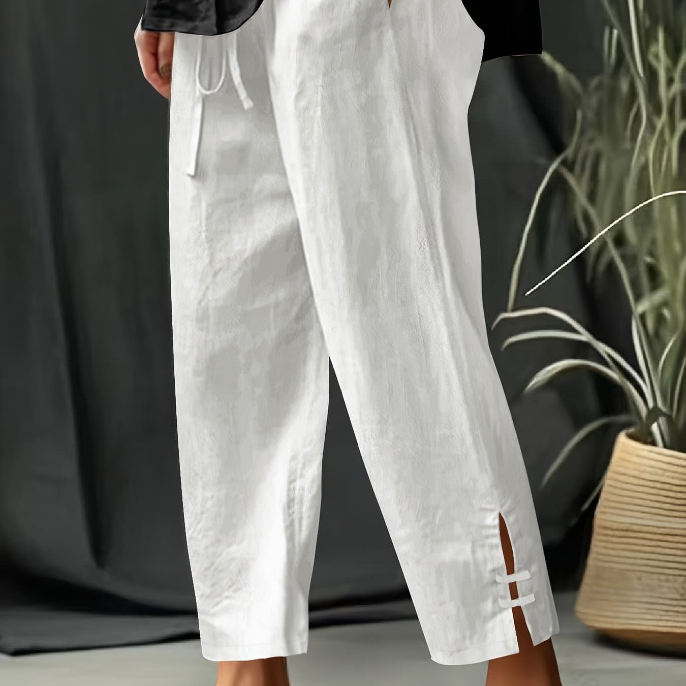 TEMU Plus Size - Plus Size - Xiaofu's Directional New Stylish Plus-size Women's Textured Elastic Waist Decorative Rope Tapered Pants With Elegant Split Cuffs