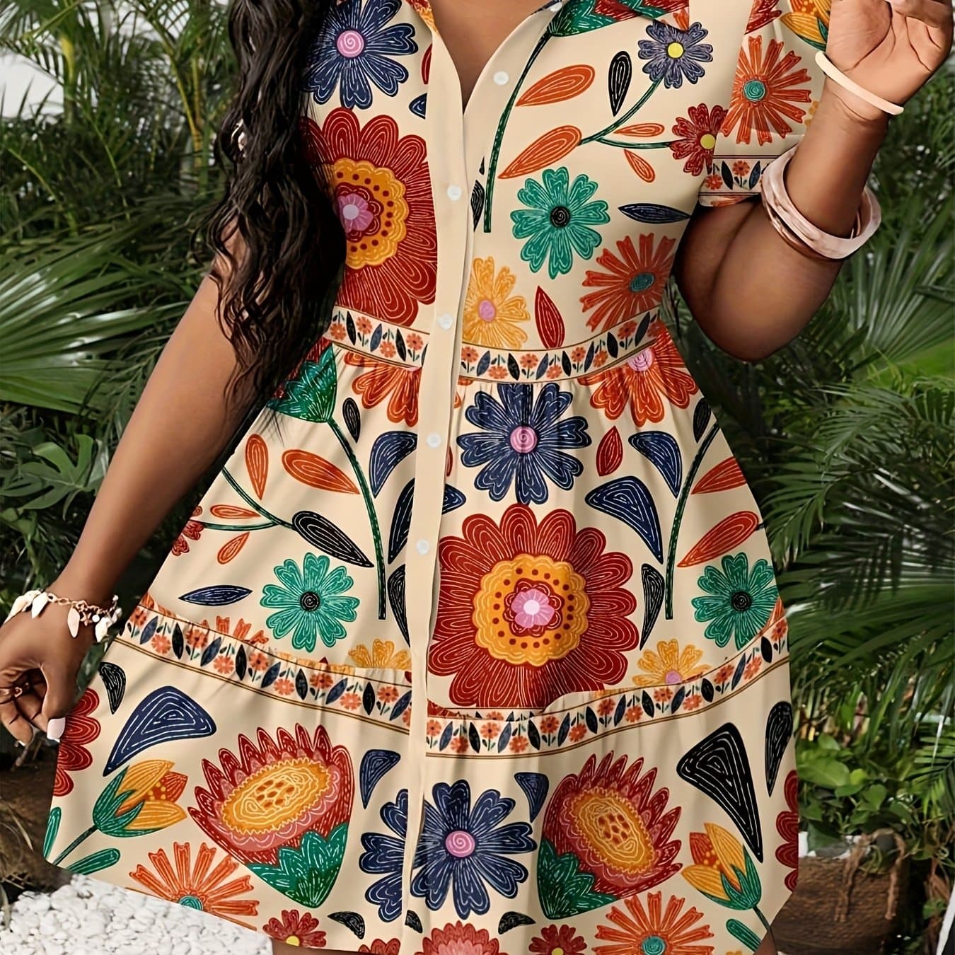 TEMU Tropical Floral Print Puff Sleeve Summer Dress