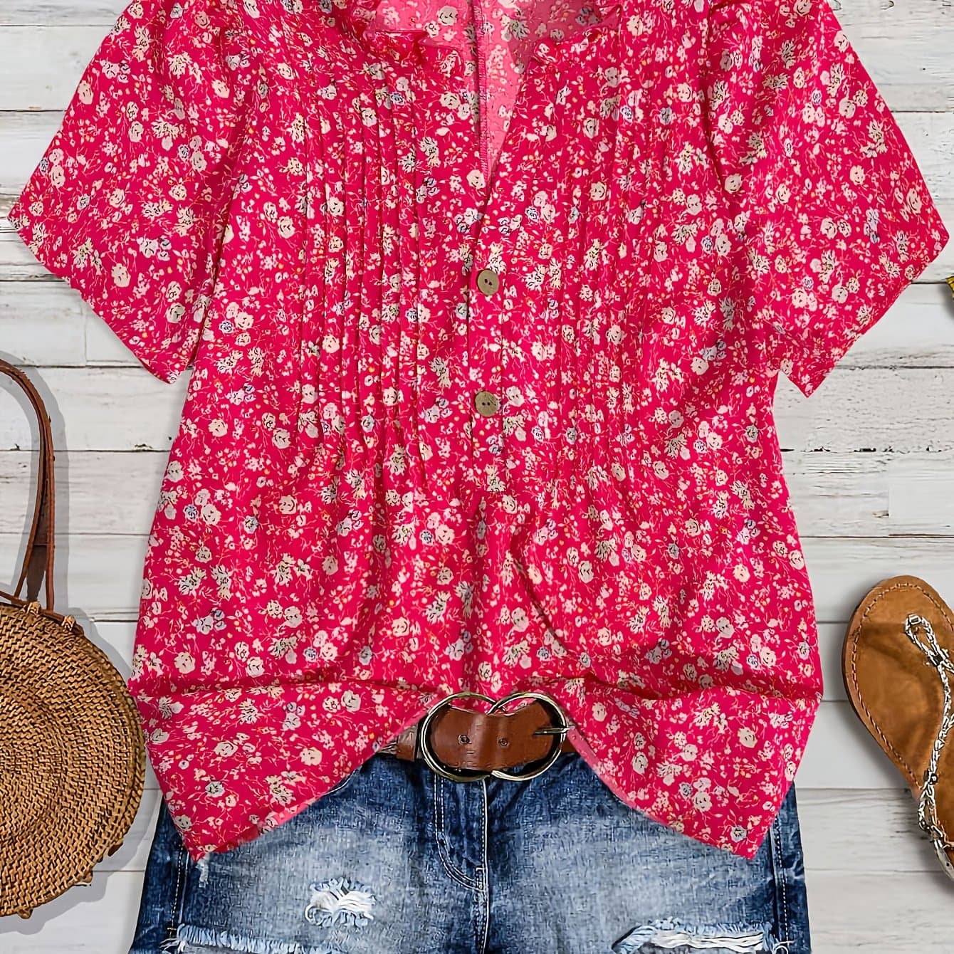 TEMU Plus Size, Summer Plus Size Women's Top Printed Ruffle Collar Short Sleeve Shirt Loose Casual Floral Blouse Ladies Shirt