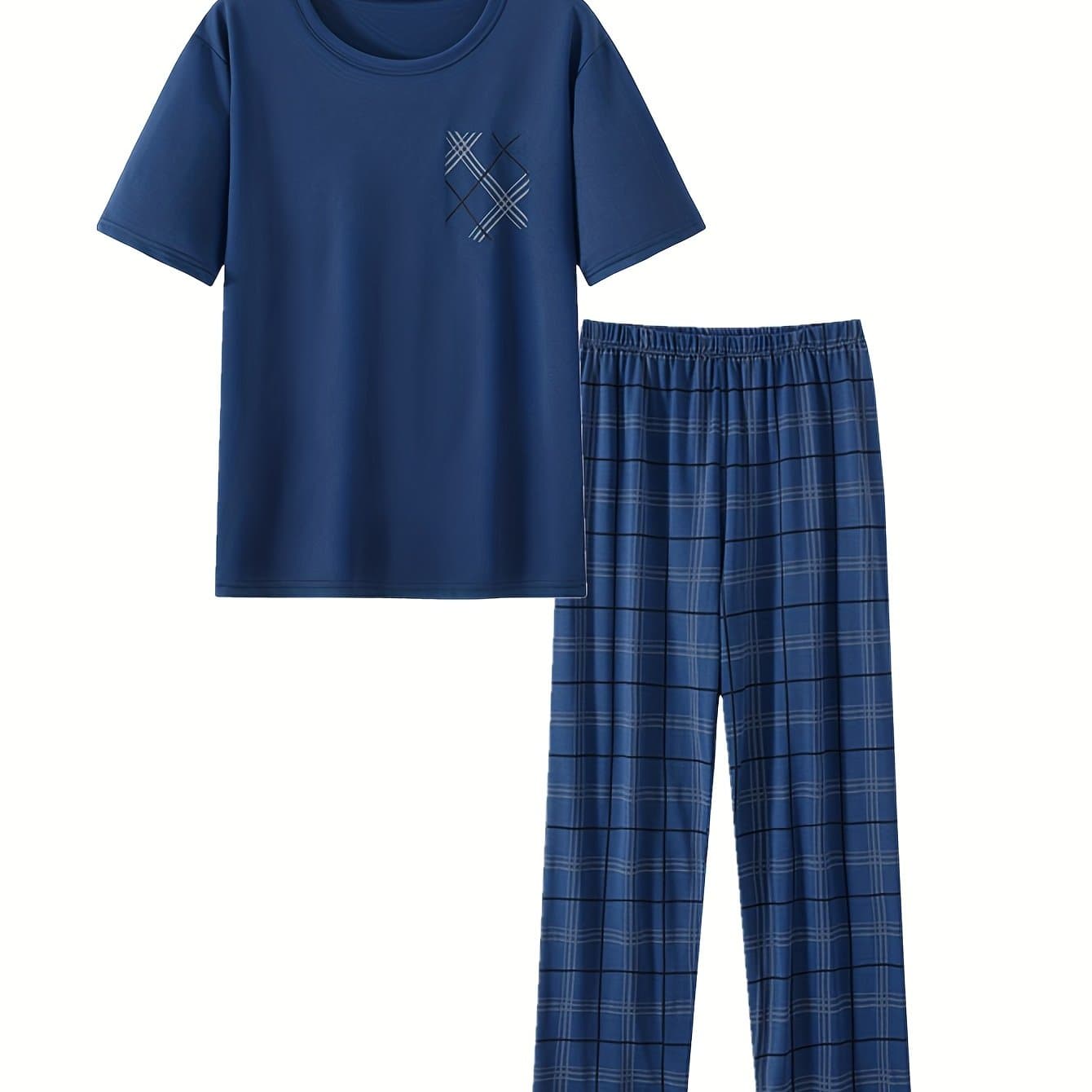 TEMU 2pcss Set Men's Summer Short Sleeve Long Pants 2pcss Set Men's Wear Set Set Checkered Print