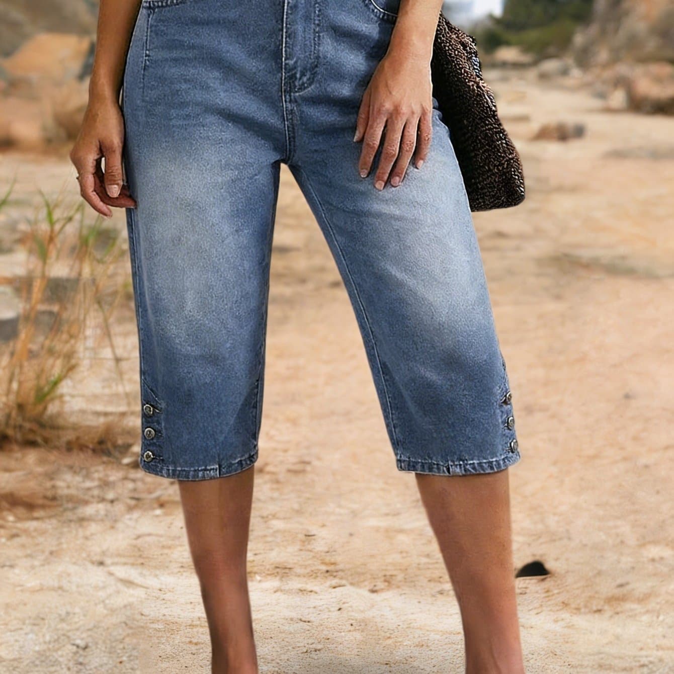 TEMU Large Size Women's Clothing 2026 New High-elastic Denim Medium Pants Summer Casual Shorts Button Multi-pocket, Breathable Beach Casual Wear Machine Washable