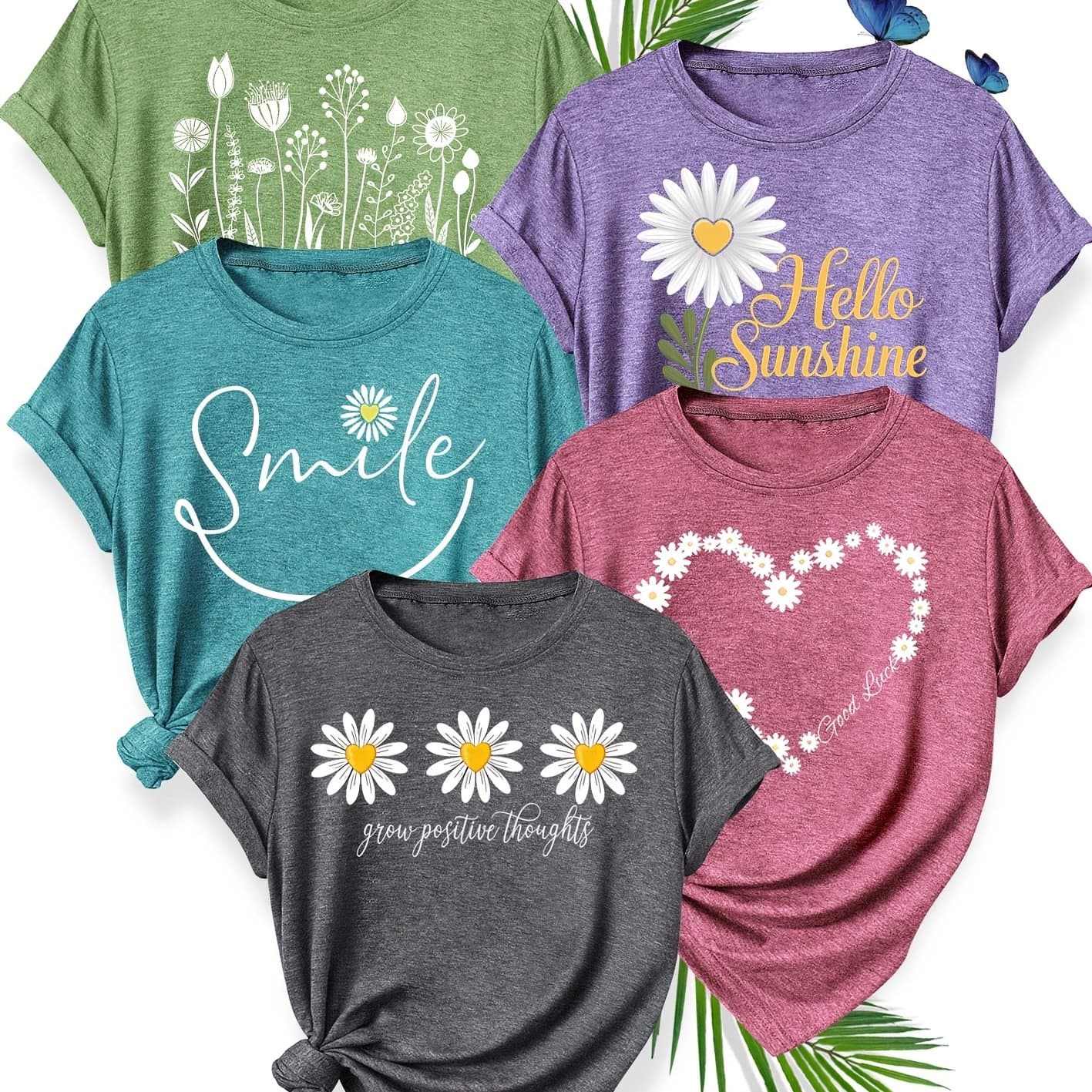 TEMU A Set Of 5 Stylish And Vintage Women's Casual Sports T-shirts With Easy And Clear Floral Heart Patterns, In Multiple Colors And Sizes S-xxl For Spring, Autumn, And Summer