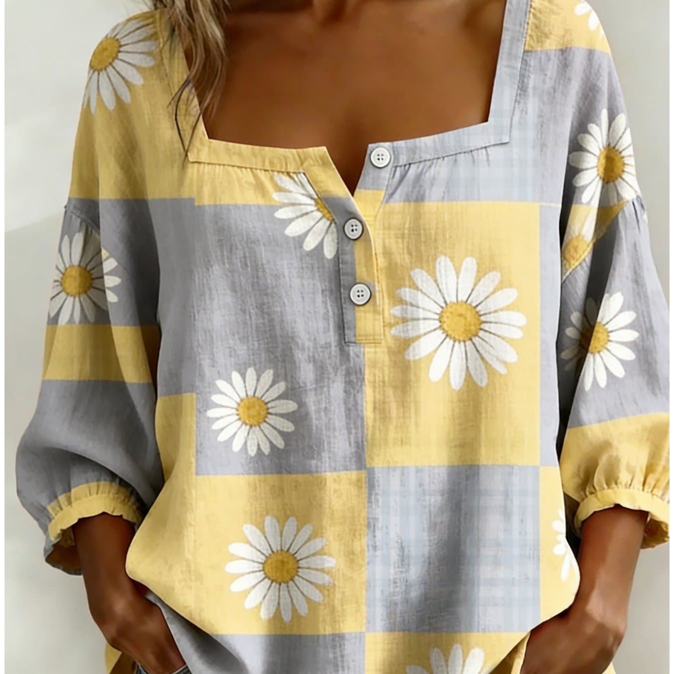 TEMU Women's Short-sleeve Shirt With Square Neckline, , And A Floral Print Featuring Color- Pieces