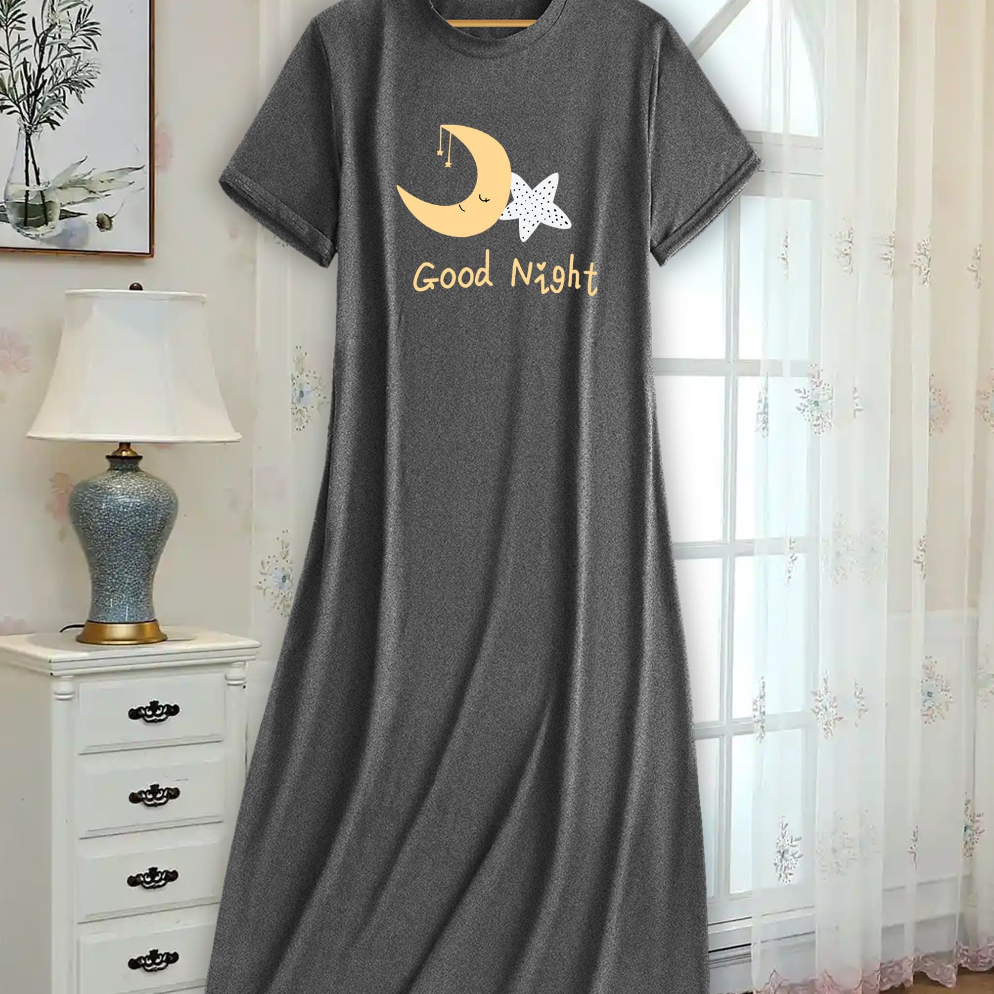 TEMU Women's Moon And Casual Dress, Round Neck, Short Sleeve, Loose Fit, Breathable, Nightwear, Suitable For Bedroom And - Overseas Printing