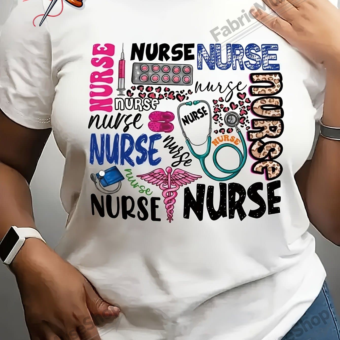 TEMU Casual Short-sleeve T-shirt With A Round Neck, Designed With A Nurse Motif, From Knitted Material, Showcasing Letter Patterns, And Of A Length Ideal For Wear