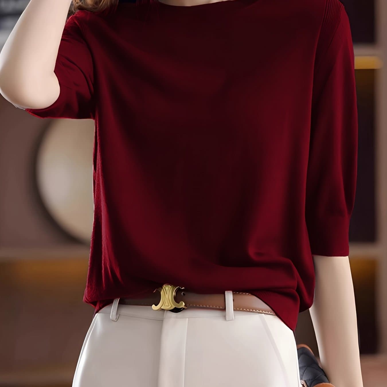 TEMU Fine Round Neck Mid-sleeve Sweater Women's Spring Autumn Elegant Top Short Sleeve Base Layer