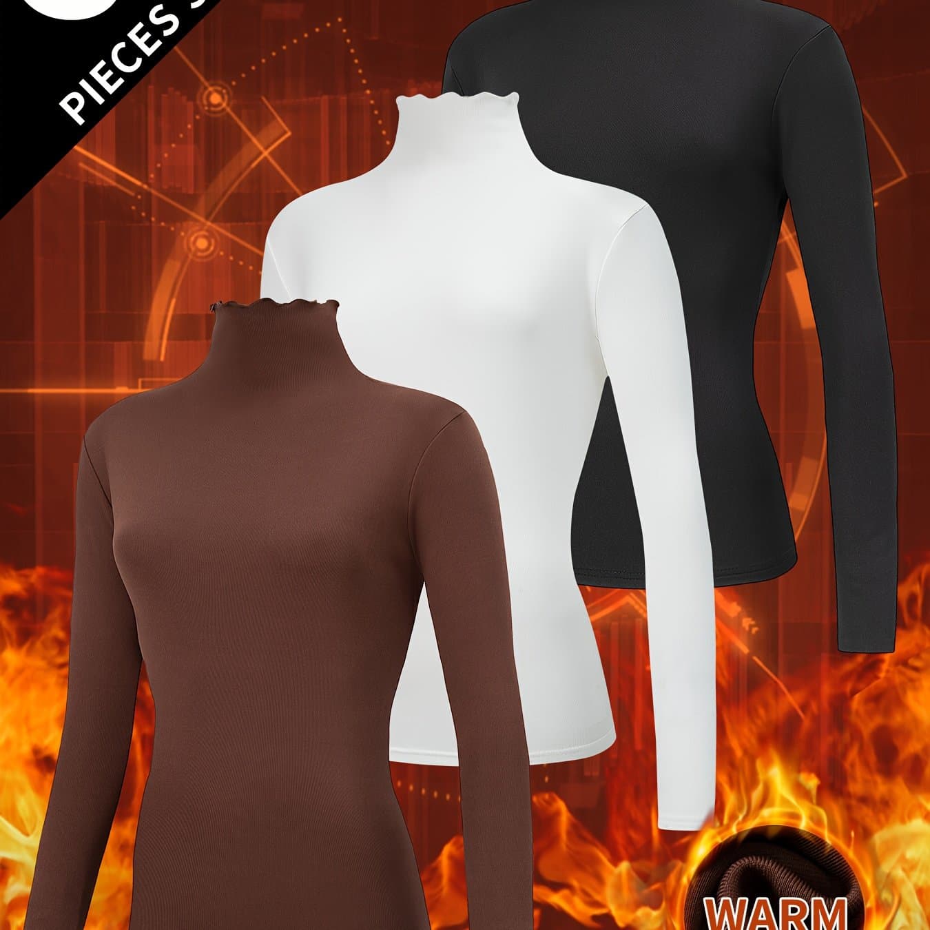 TEMU 3pcs Women's Thermal Long Sleeve High Neck Base Layer Tops With Lace Neckline, Tight-fitting Undergarment For Autumn And Winter