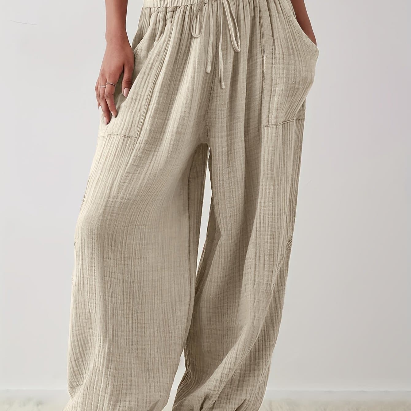 TEMU Autumn And Winter Women's Casual Pants, Khaki, Pockets, Wide Legs, Drawstring, Loose Fit, Everyday Commuting Wide-leg Pants.