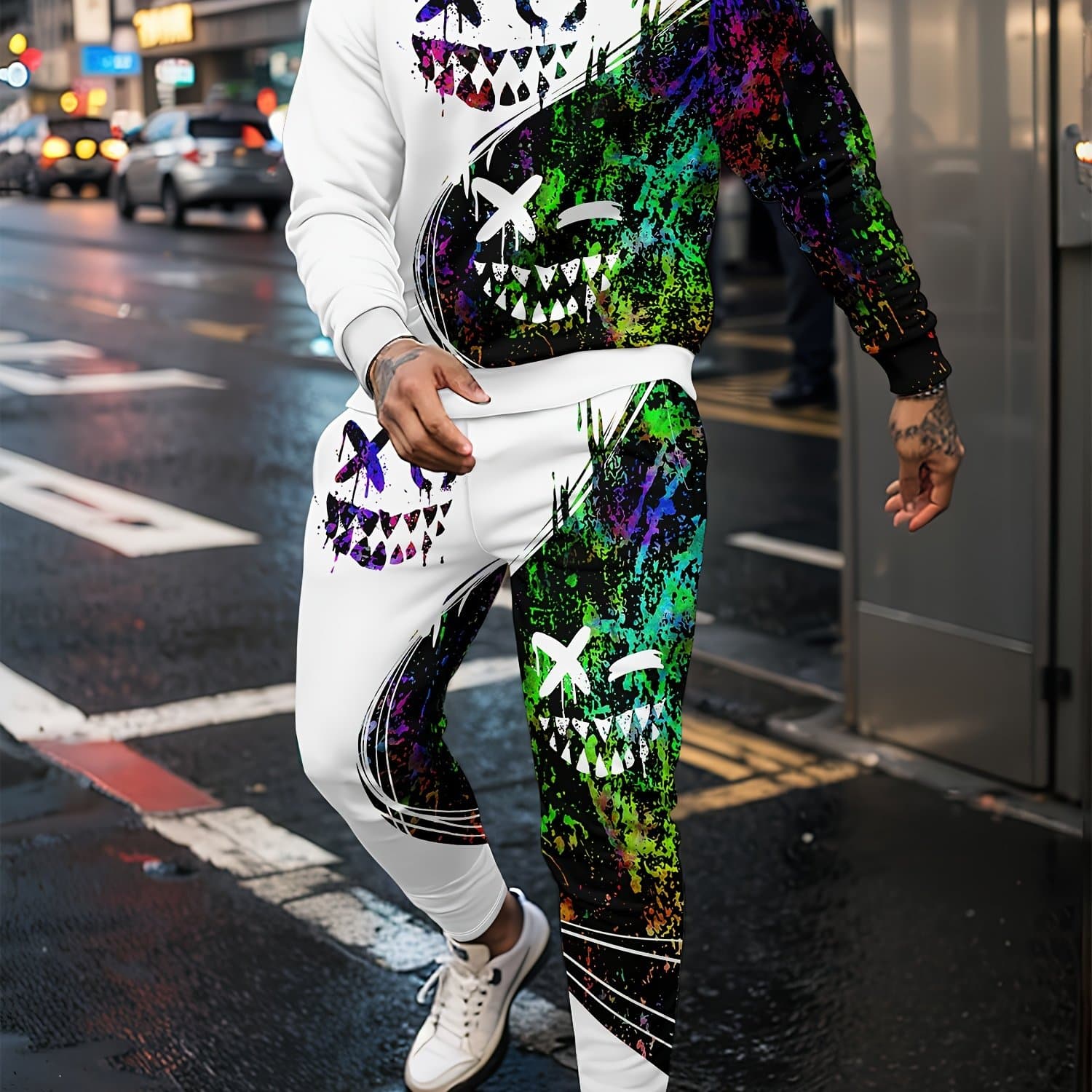 TEMU Athleisure Essential, Men's 3d Geometric Sweatshirt & Joggers Set - Round Neck, Polyester, Machine Washable
