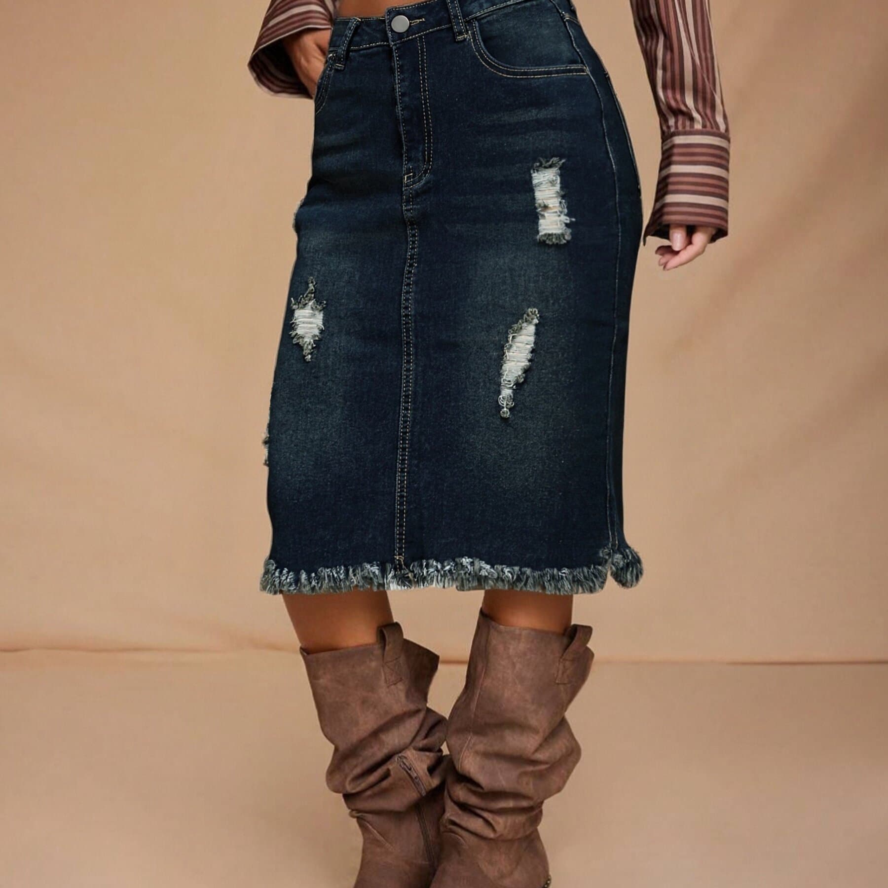 TEMU 1pc | Women's Ripped Denim Bodycon Skirt With Frayed Hem And Pockets | , Knee High, Solid Color, Vintage Style, Perfect For Dates | Spring/summer/fall Season