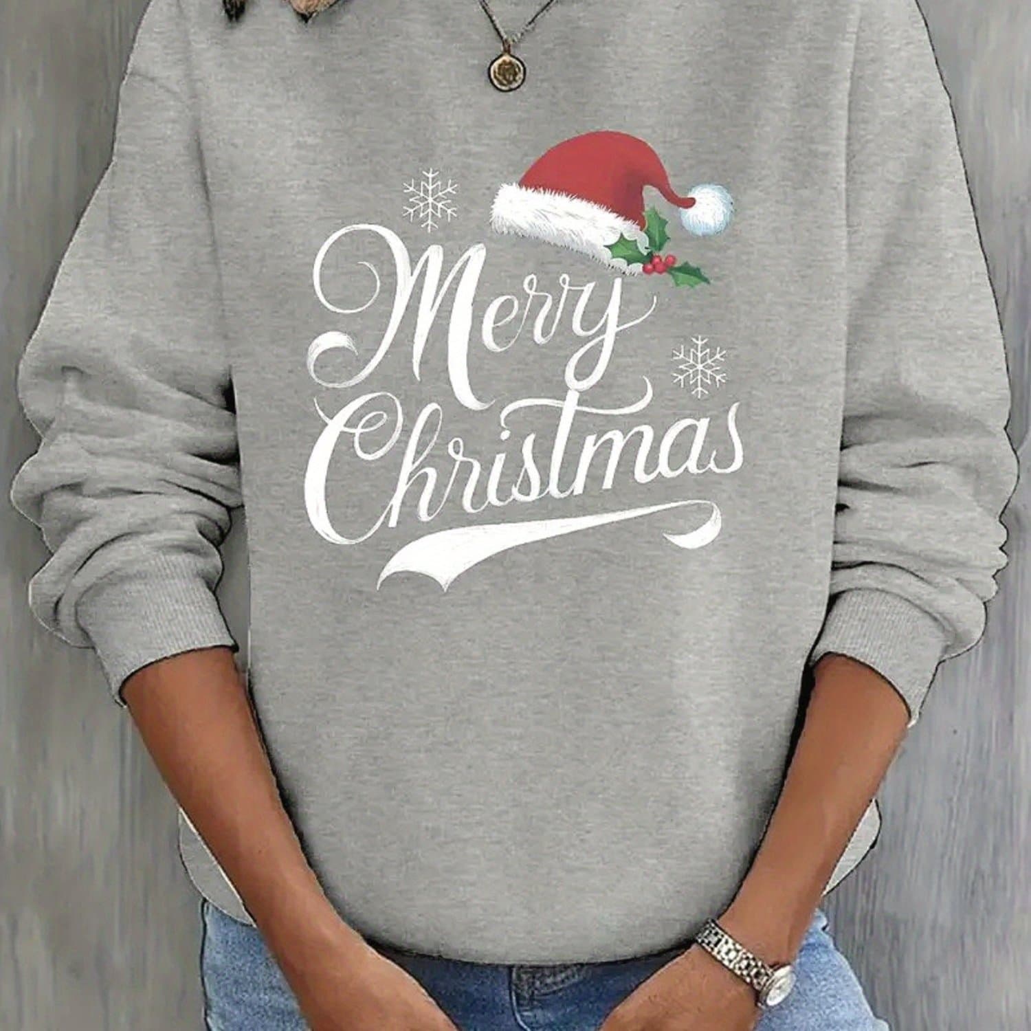 TEMU Christmas Themed Print Women's Casual Crew Neck Sweater, Long Sleeve Pullover For Autumn/ Winter, Grey Sweatshir