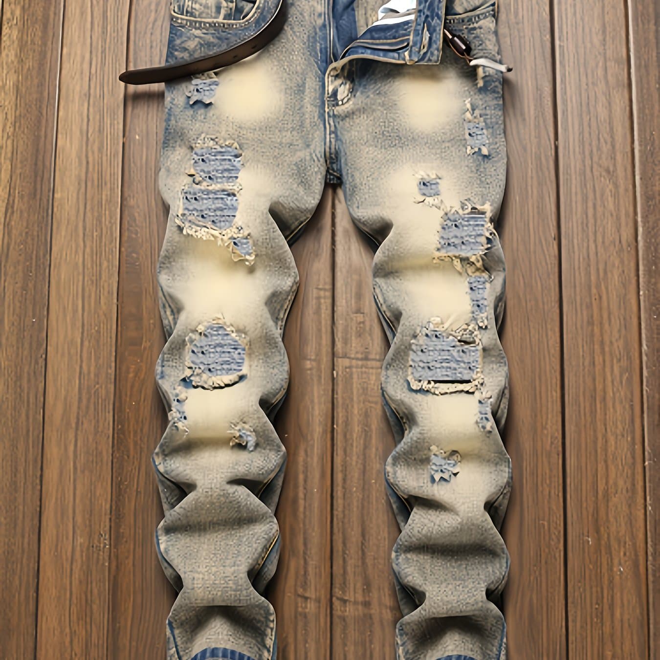 TEMU [hme] Men' Fashion Jeans, -, Retro Washed Mud Yellow, Irregular Hole Patch Design, Mid-waist Elastic Slim Straight Leg, Ykk Zipper Closure, Trendy Brand Cool And Stylish Men's Denim Long Pants
