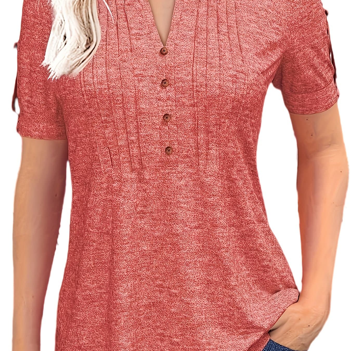 TEMU Casual Short-sleeve T-shirt For Women, Featuring A Pleated Design And V-neck In Solid Colors, Perfect For Summer