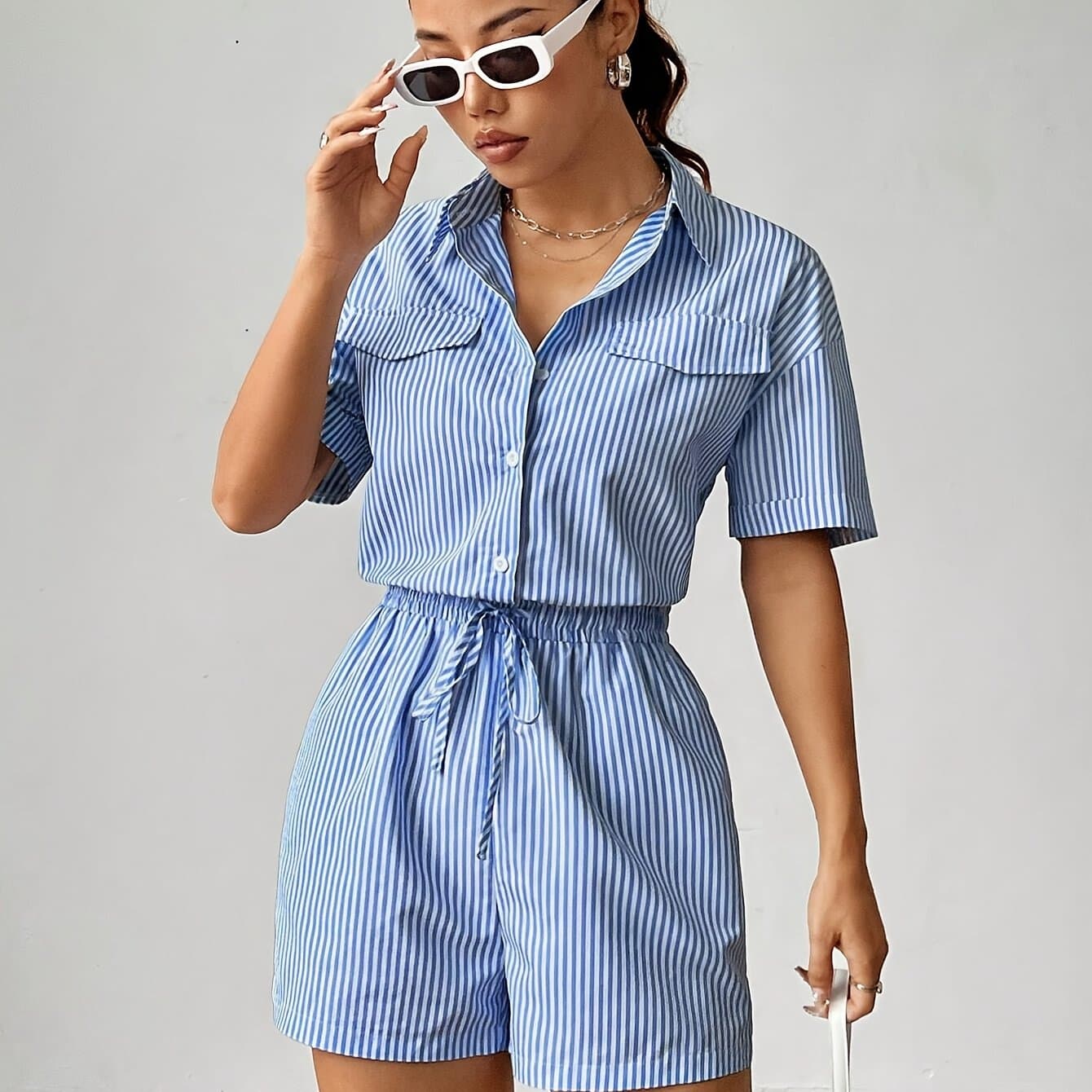 TEMU Striped Short-sleeve Jumpsuit With A Fitted Waist, Perfect For Summer