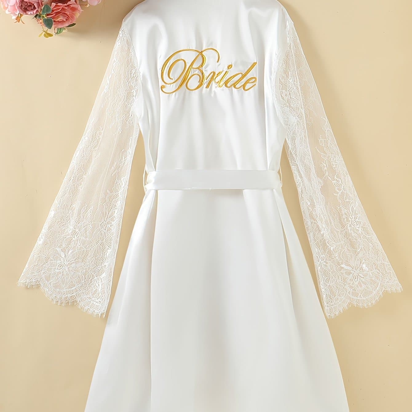 TEMU Elegant White Lace-trimmed V-neck Nightgown With "bride" Embroidery, Comfortable Polyester Sleepwear For Women, Wear, Sleepwear Gown | Nightgown | Polyester Fabric