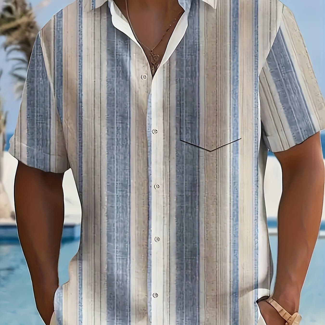 TEMU Men's Casual Striped Short Sleeve Shirt - 100% Polyester Lightweight Breathable Fabric, Loose Fit With Button- Collar Design Printed Patterns, Perfect For Summer Beach & Leisure