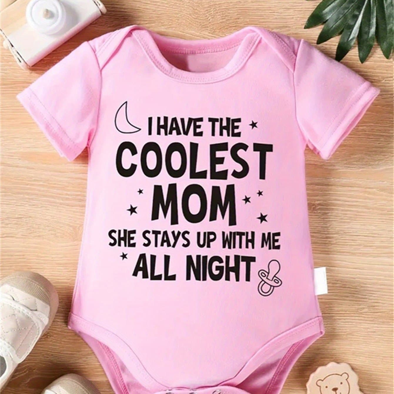 TEMU I Have The Coolest Mom And Moon Pattern Print, Newborn Baby Girl Casual And Comfortable Short-sleeved Crew Neck Onesie, Suitable For Spring And Summer, Baby Girl Outdoor Wear, Perfect For Outdoor