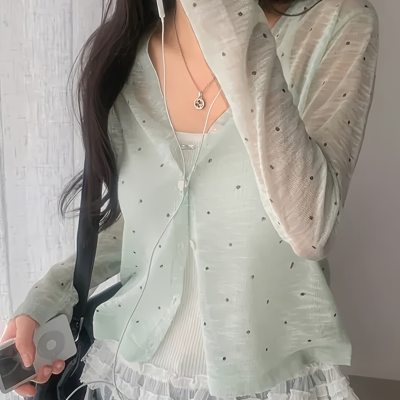 TEMU Korean-style Simple And Versatile Polka Dot Cardigan For Women, V-neck, Fabric, Sun-protective Lightweight Shawl, Summer Outerwear Cover-up To Wear Over Camisole Dresses