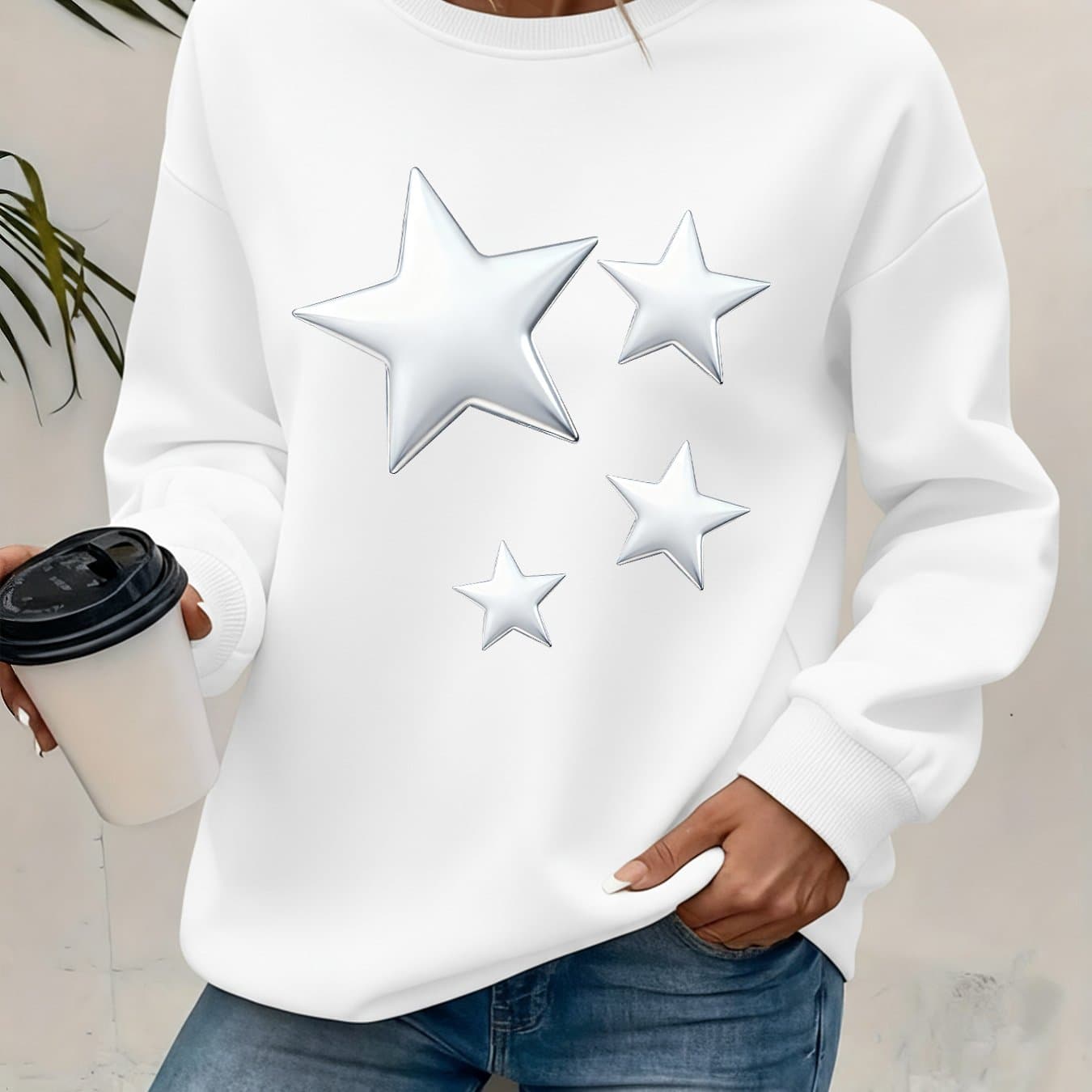 TEMU Women's Stylish Round-neck Sweatshirt, Featuring A Printed Design, Autumn And Winter With Added Fleece thumbnail 2