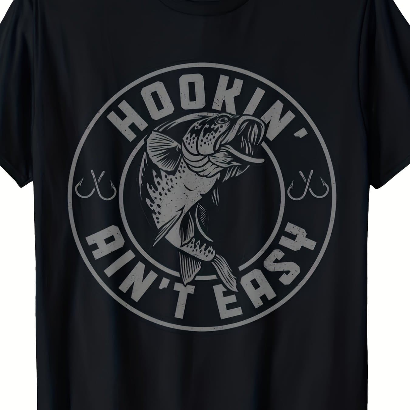 TEMU Men's Vintage Style T-shirt With The Theme "fishing Easy" - In Plus Sizes And Extra Long, Featuring A Black And White , Short Sleeves, Round Neck, Slim Fit, Ideal For Casual Wear In Any Season